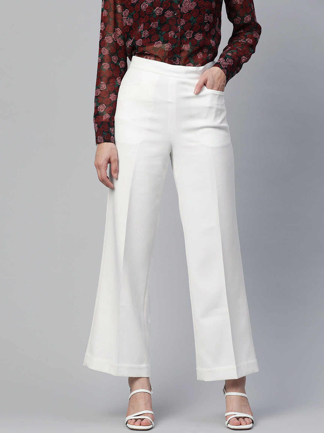 PowerSutra Comfort Fit Mid Waist Wide Bottom Stretch Trouser - White