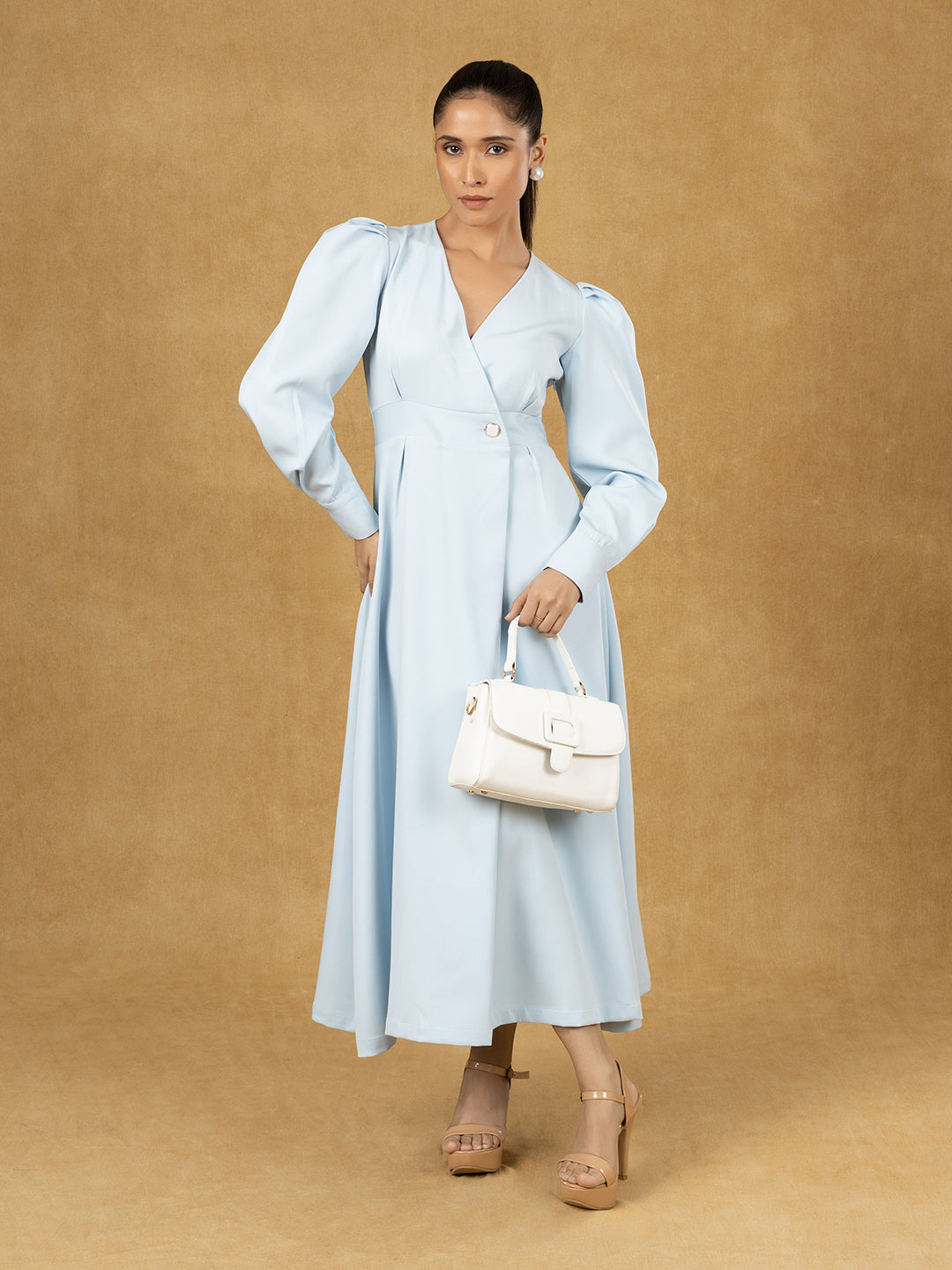 PowerSutra Blue Solid Wrap Fit And Flare Midi Dress