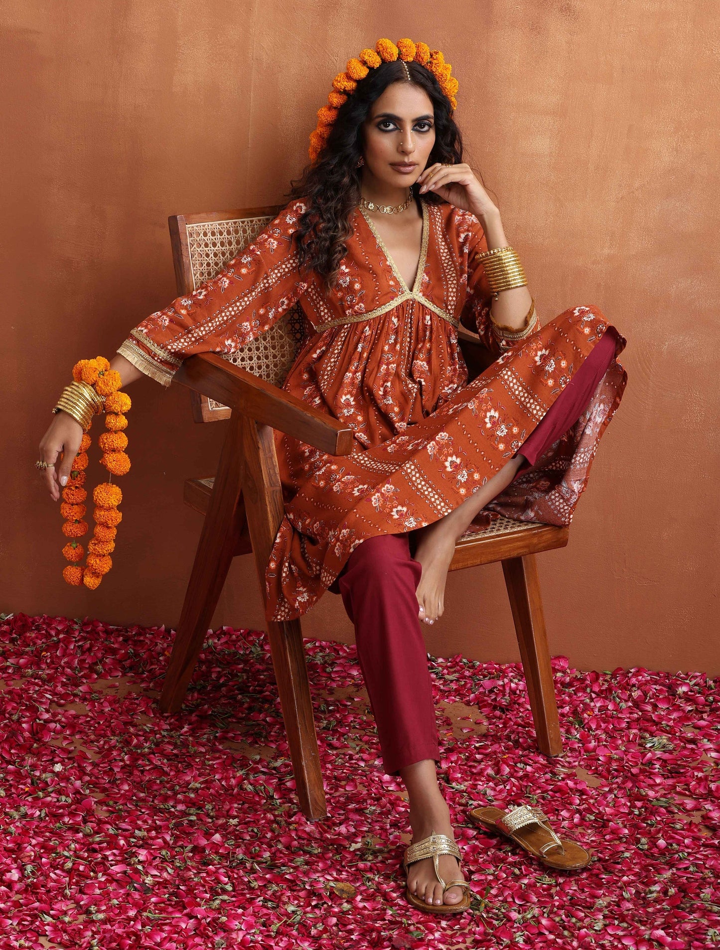 trueBrowns Orange Print Anarkali Kurta Co-ord Set LP