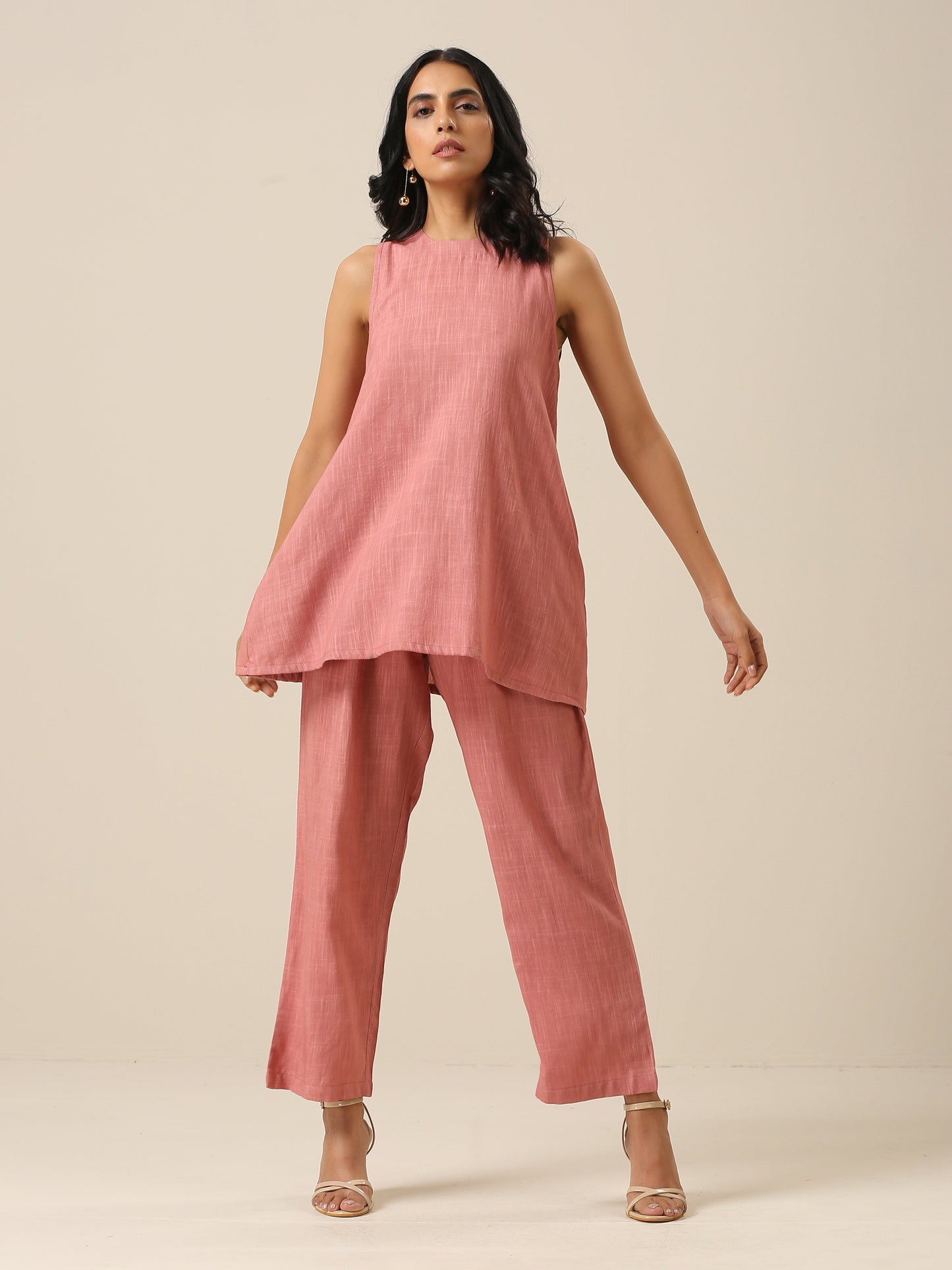Light Mauve Slub Textured Sleeveless Short Co-Ord Set