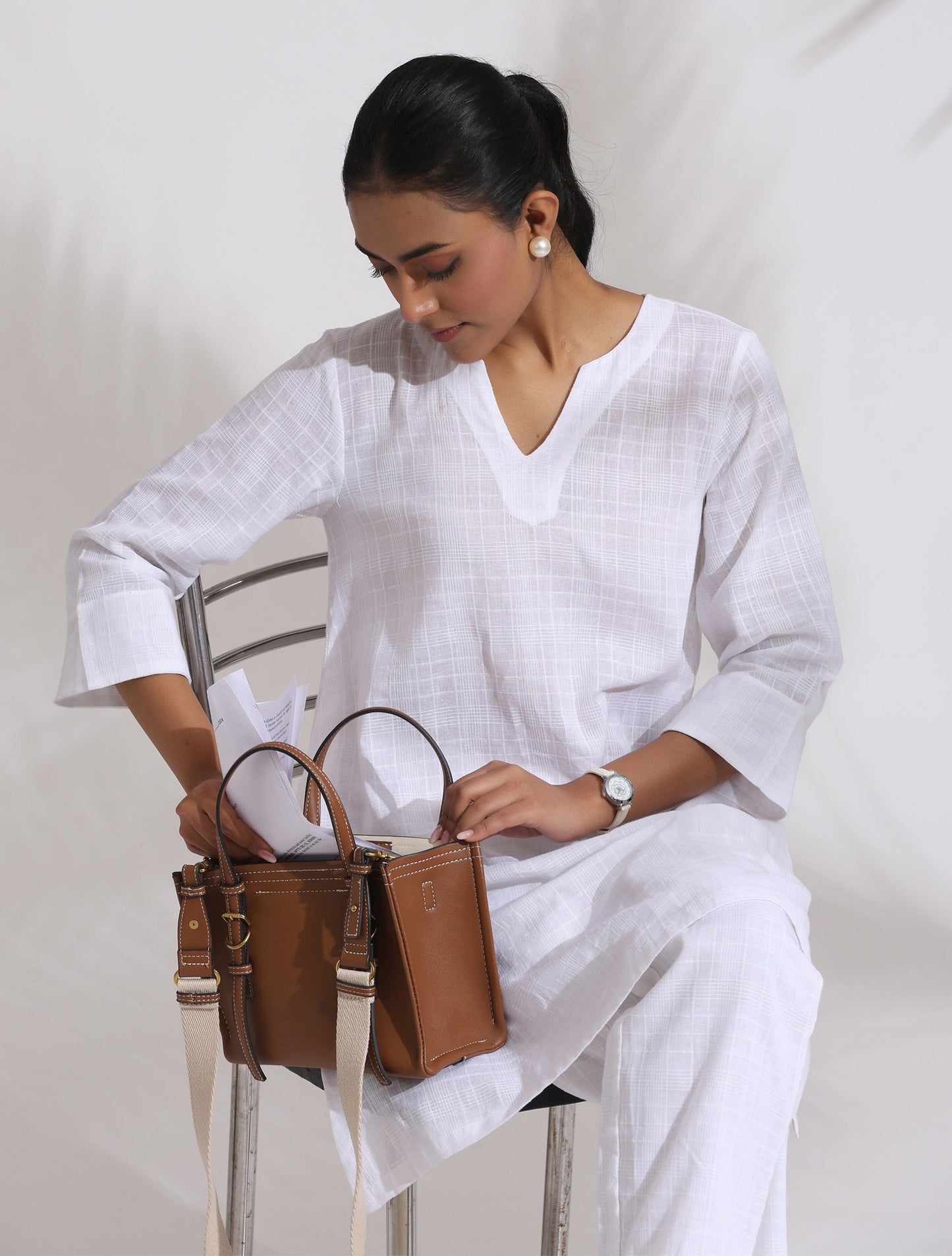 trueBrowns White Cotton Check Kurta Co-ord Set