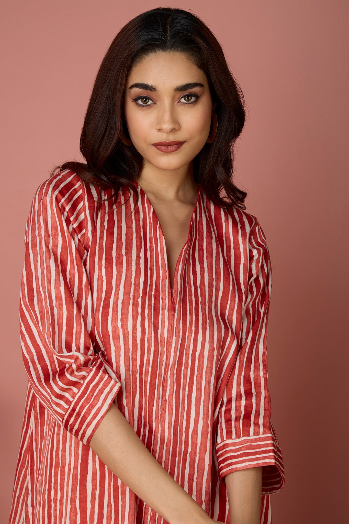 Front Zipper A-Line Kurta - Orange Fizz & Creamsicle Striped Bliss Mc