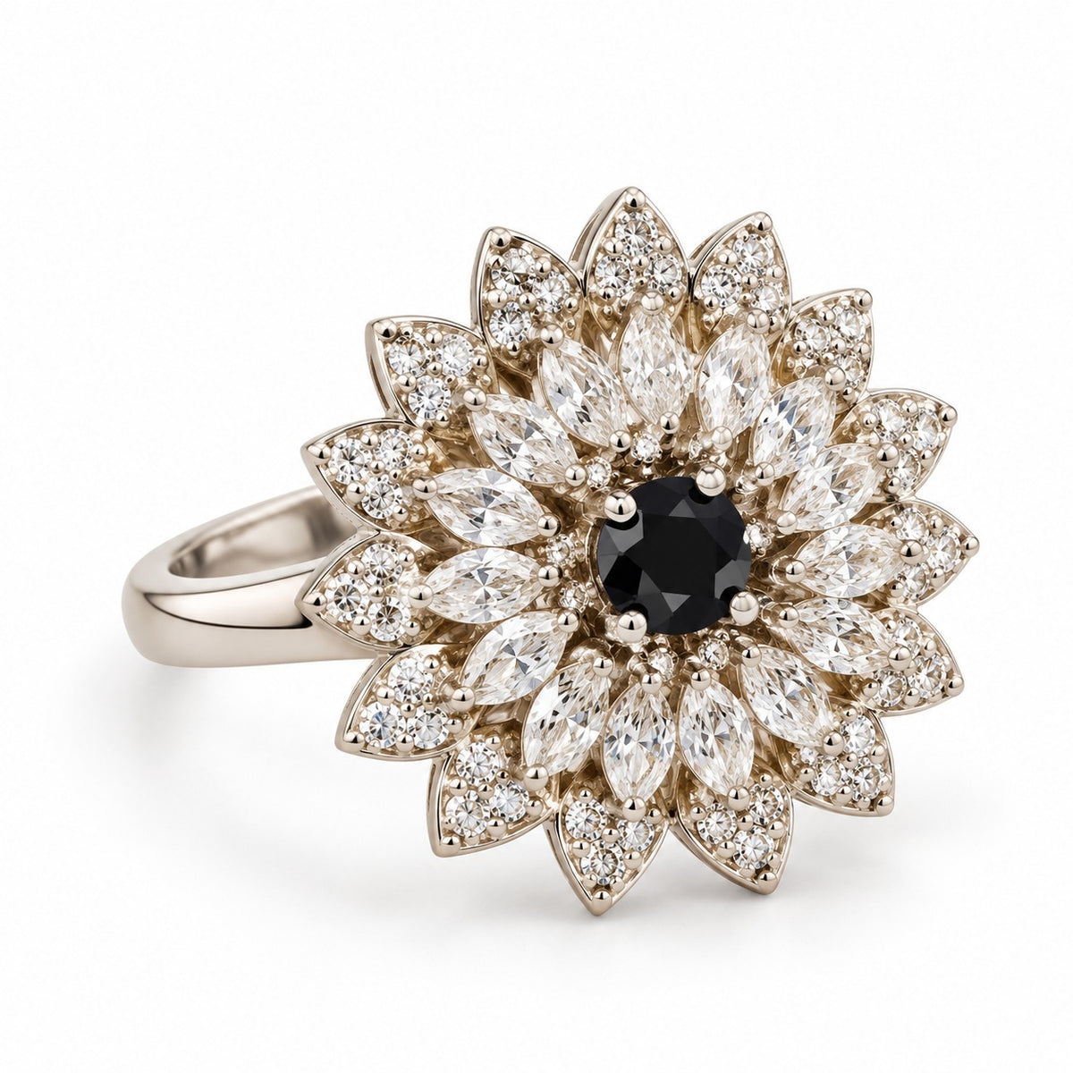 Adjustable Silver-Tone Floral Statement Ring with Black Center Stone and Crystal Accents LP- 48Hr Delivery