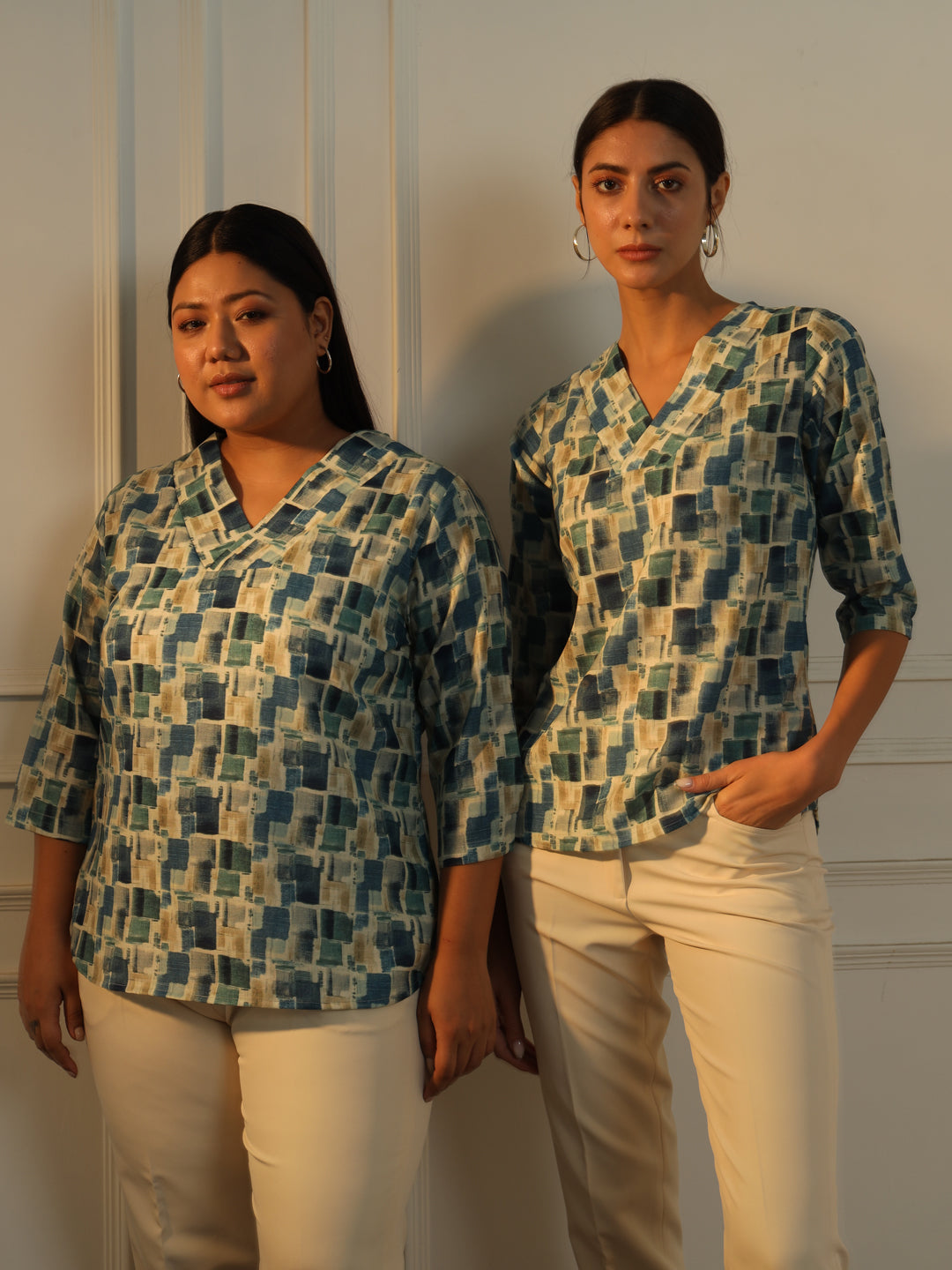 PowerSutra Regular Fit Printed V-Neck Top - Blue and Green