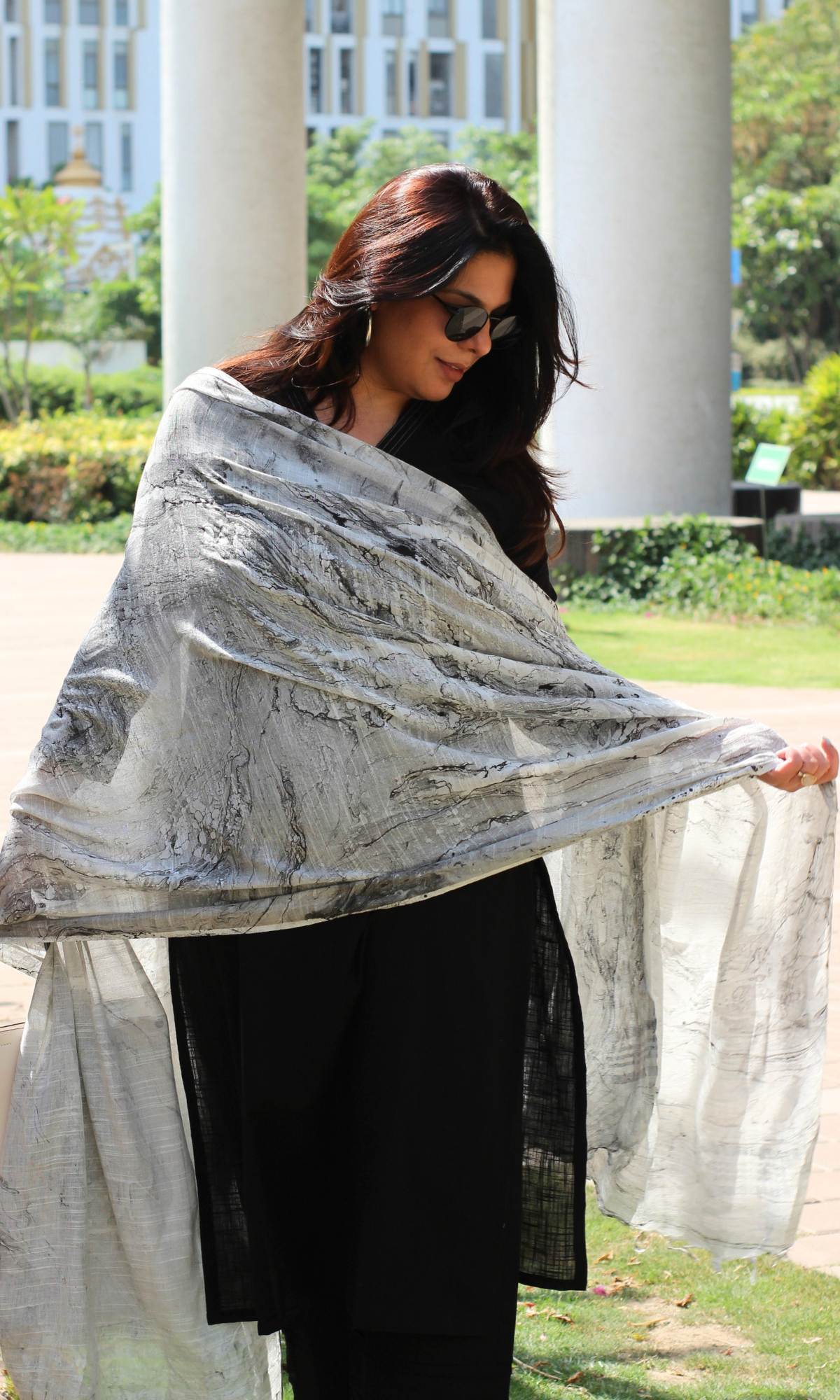 Baareeki Cotton Slub Black Suit With Mist Marble Print Slub Dupatta