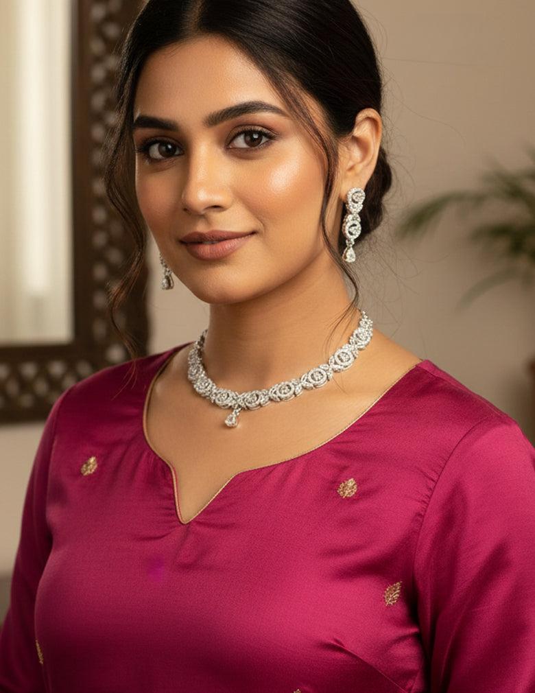 Silver Plated AD Stone Necklace with Earrings