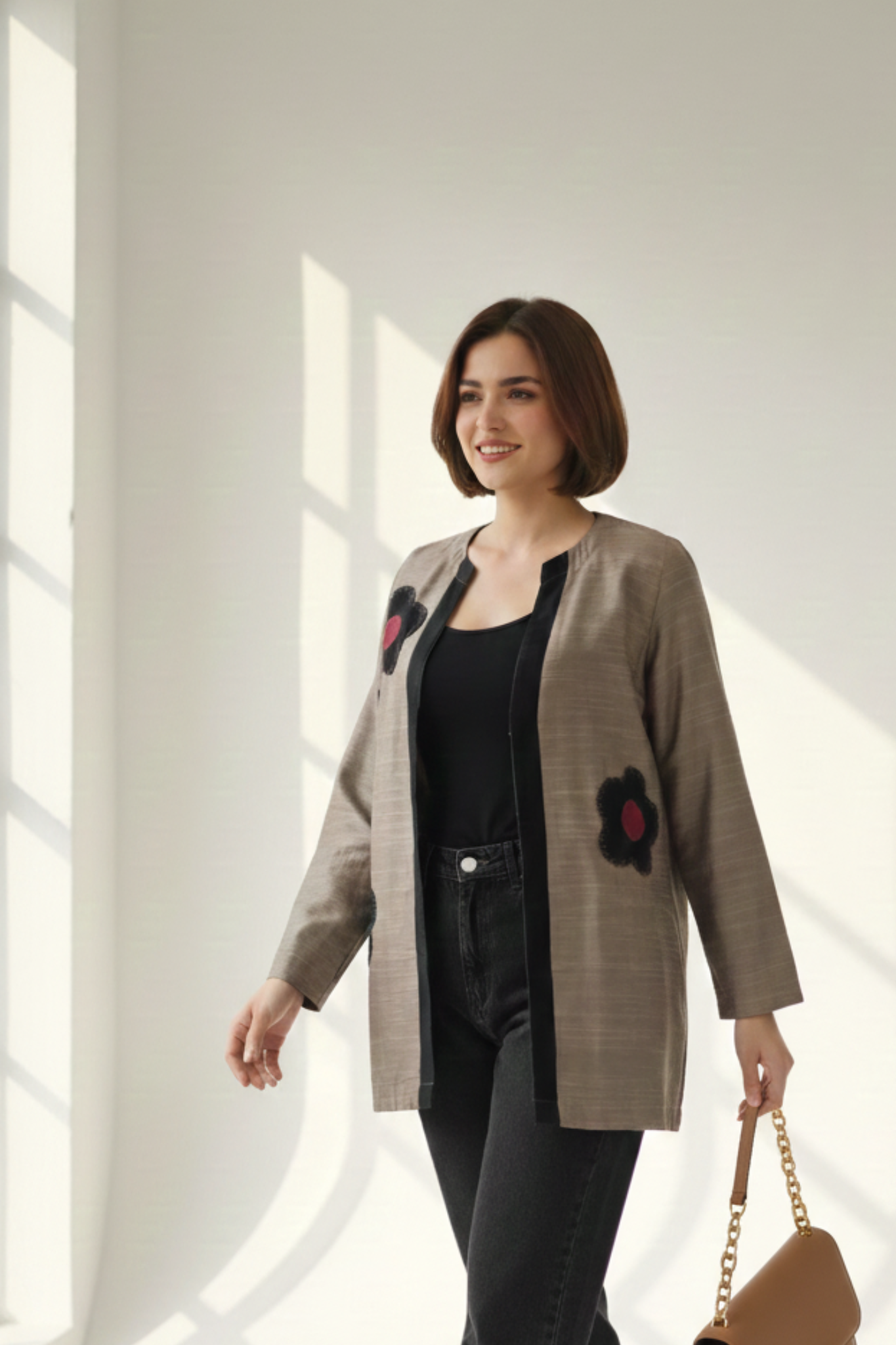 Maati Dusky Gold Red Buttercup Applique Luxe Silk Slub Short Jacket