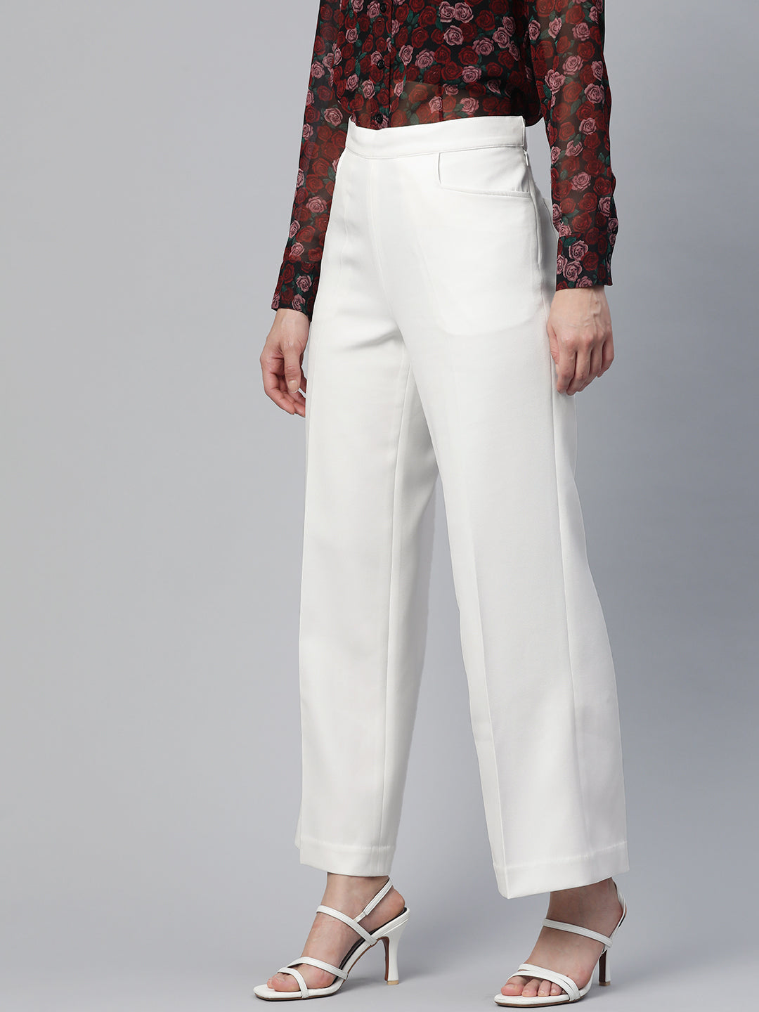 PowerSutra Comfort Fit Mid Waist Wide Bottom Stretch Trouser - White