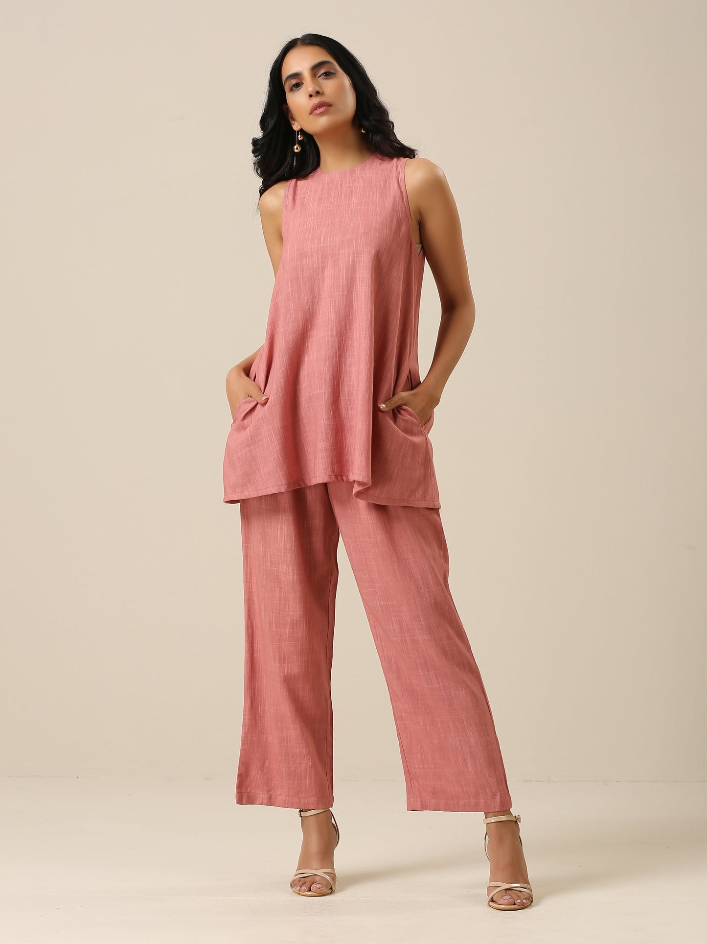 Light Mauve Slub Textured Sleeveless Short Co-Ord Set