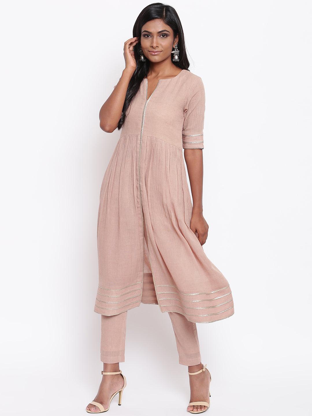 Pure Cotton Beige Gota Slit Kurta Set - trueBrowns