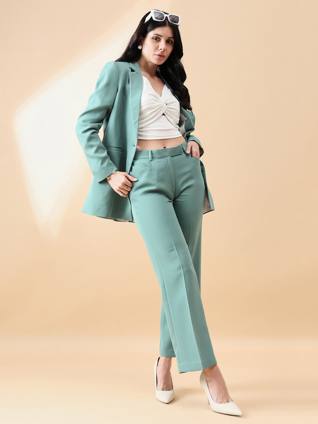 PowerSutra Notch Collar Stretch Pant Suit- Sage Green