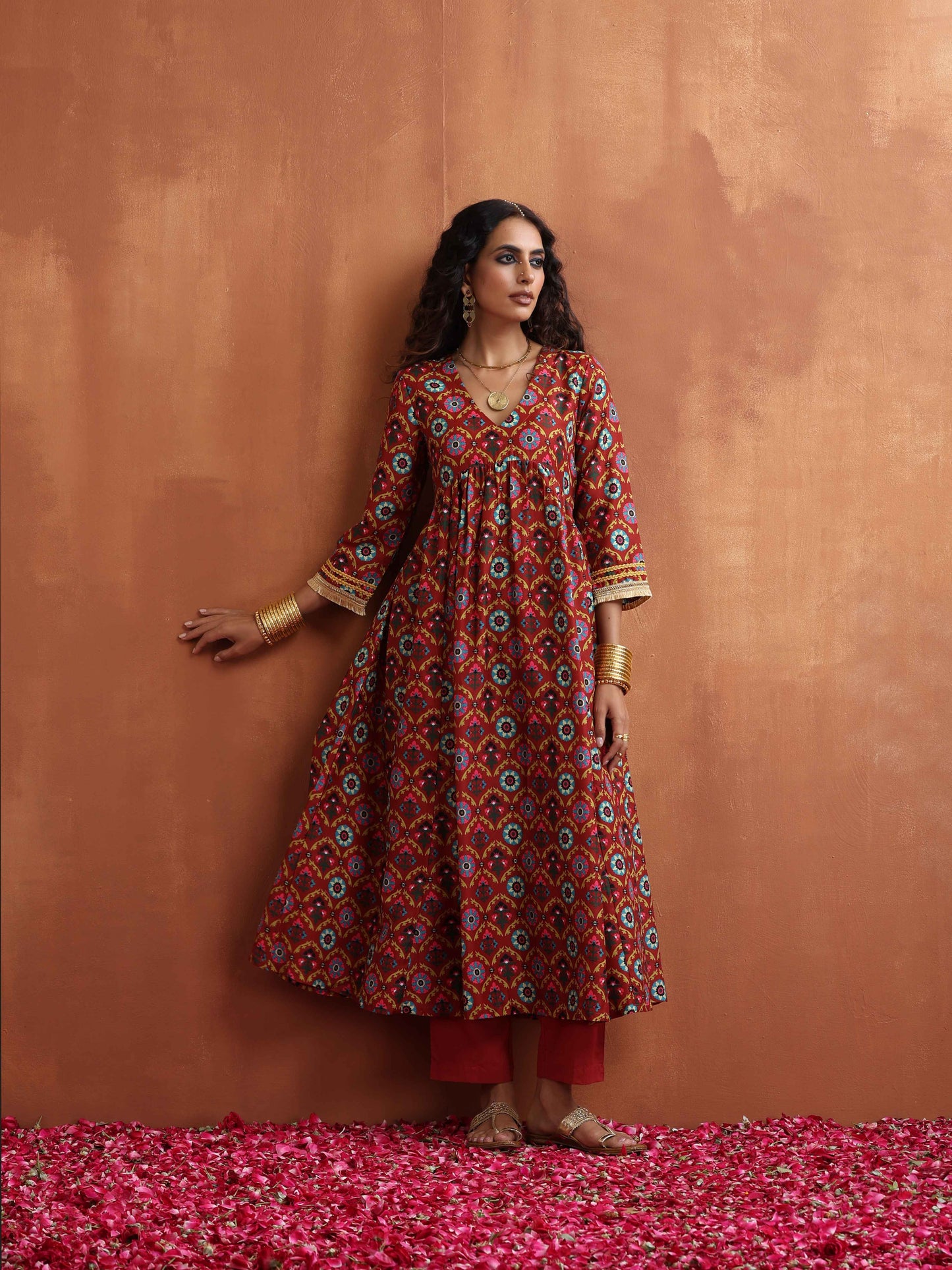 trueBrowns Maroon Print Flared Anarkali Kurta Set