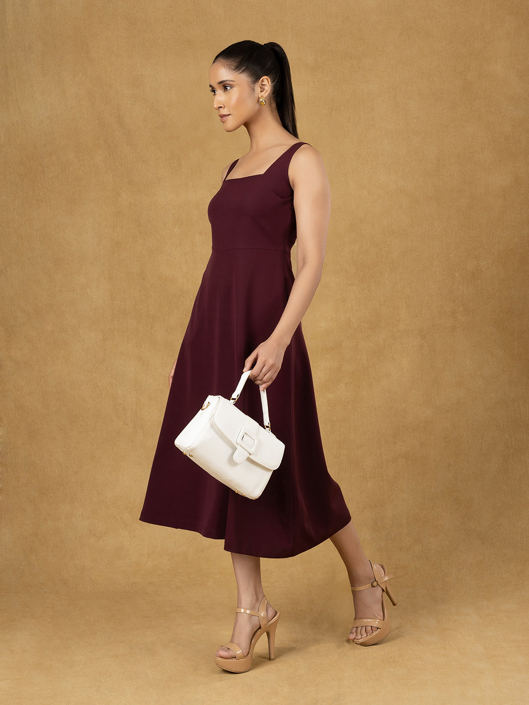 PowerSutra Burgundy Solid Strappy Fit And Flared Dress