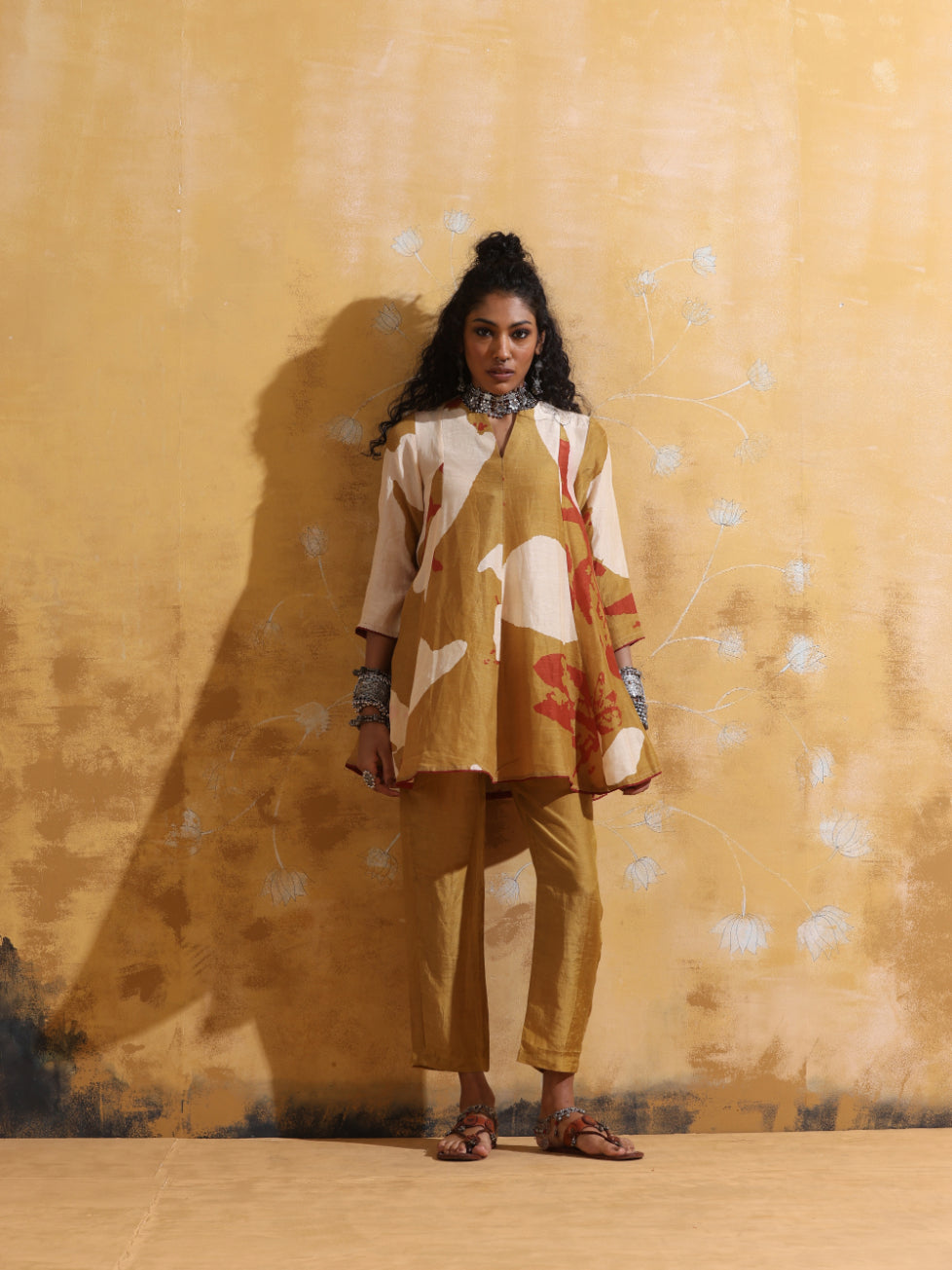 trueBrowns Mustard Rust Red Floral Print Muslin Silk Flared Co-ord Set