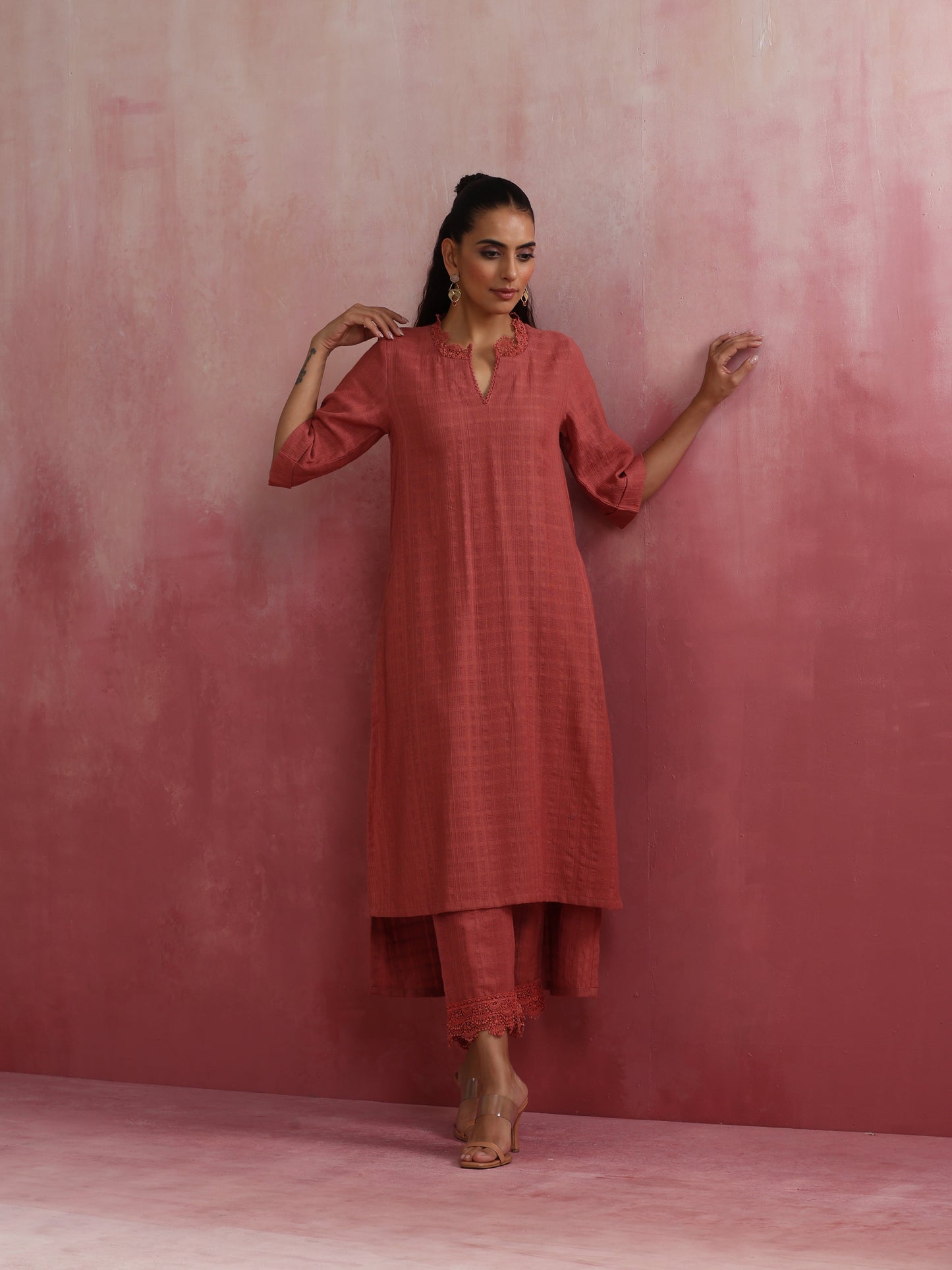 trueBrowns Peach High low Cotton Dobby Kurta Set