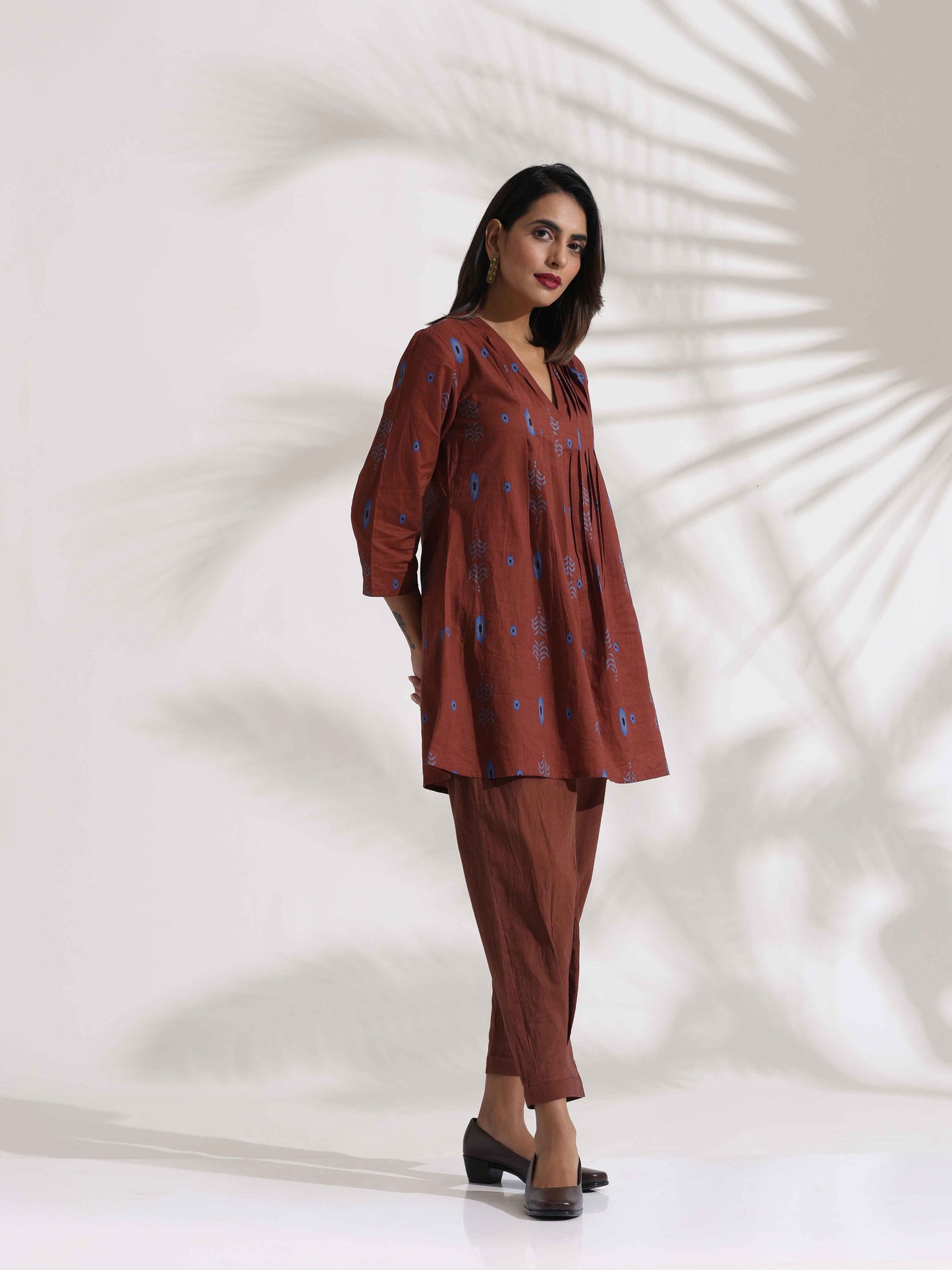 trueBrowns Brown Cotton Print Pleated Top & Pants Co-ord Set