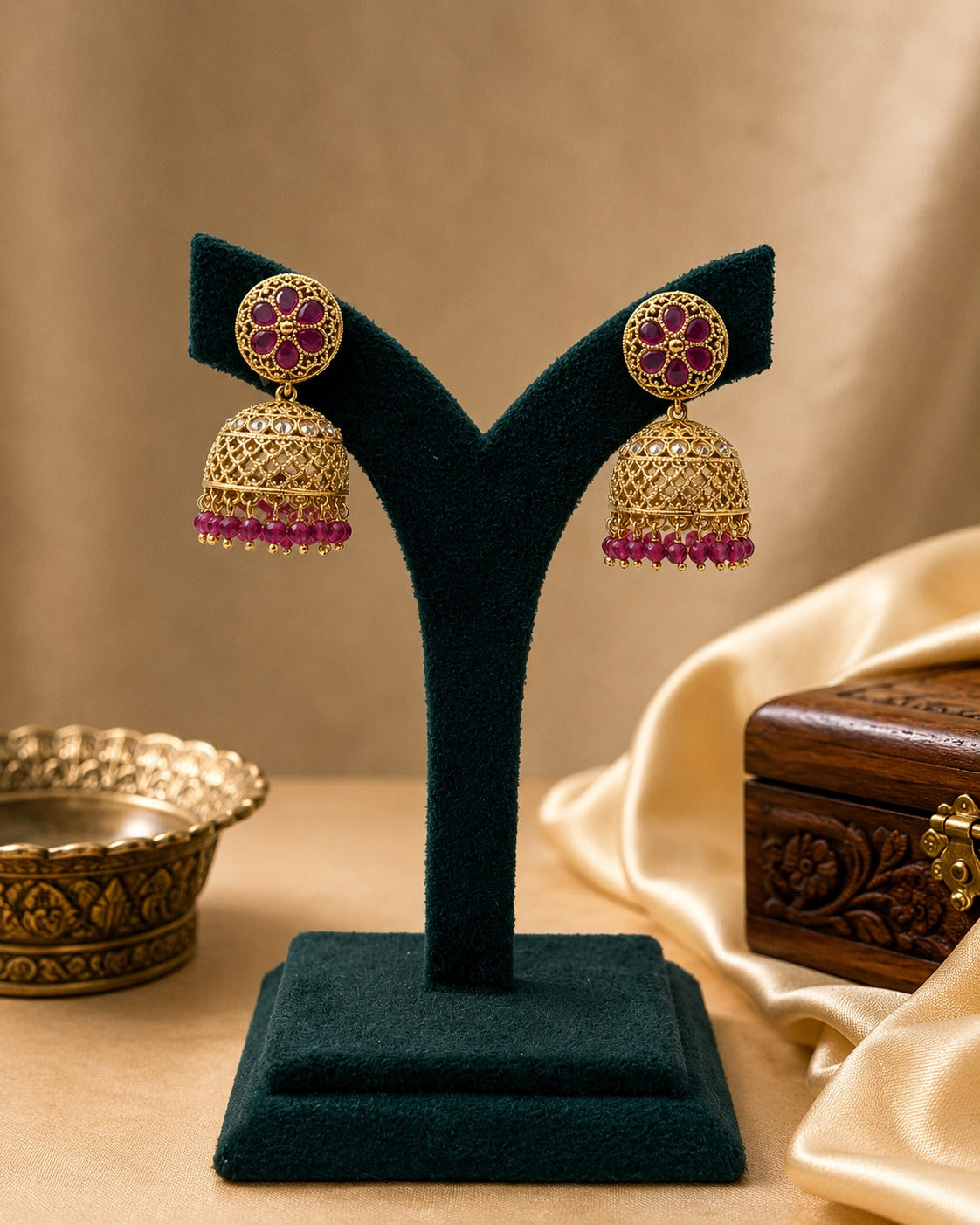 Anti-Tarnish Ruby Bloom Jhumka LP- 48Hr Delivery
