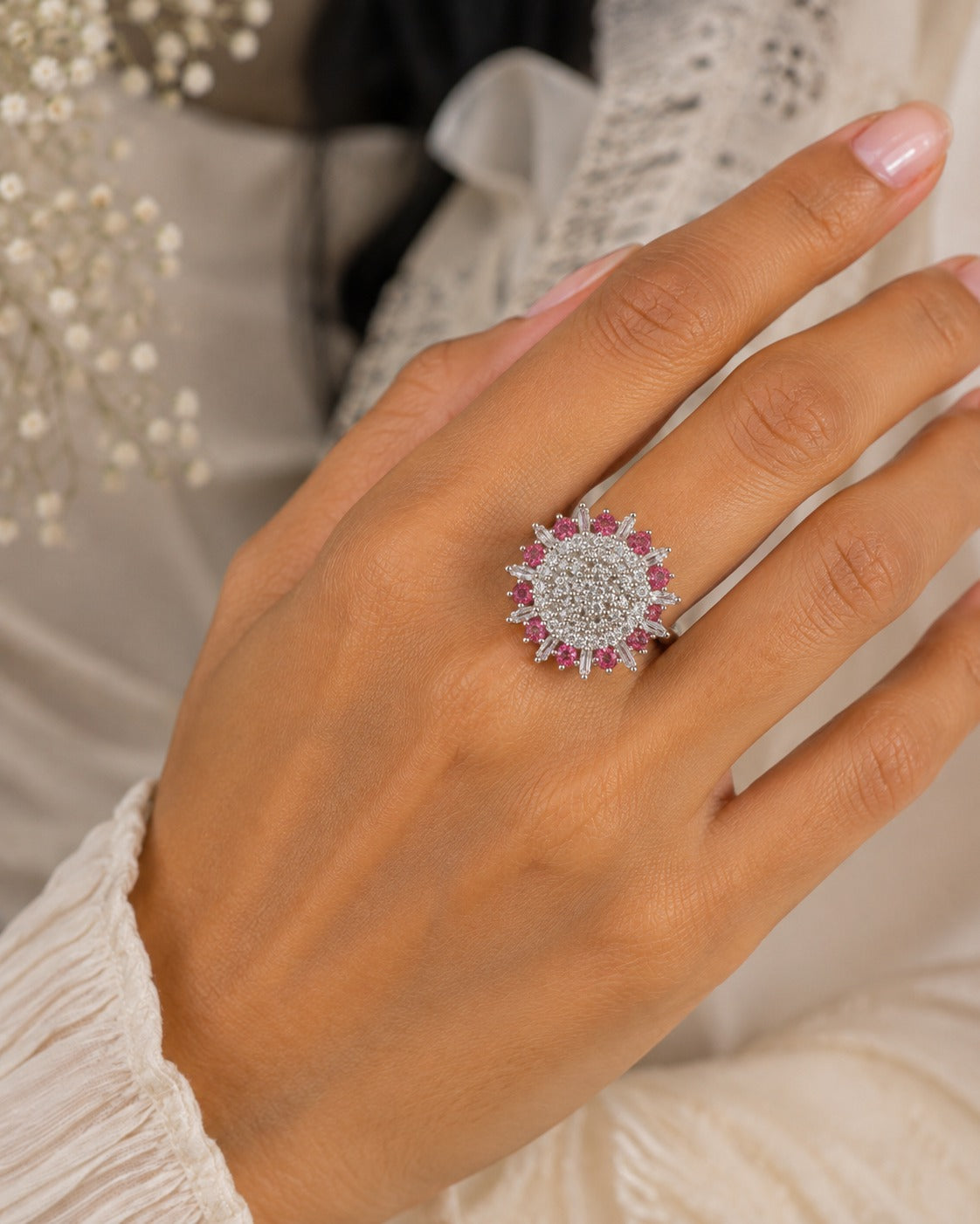 Pink Floral Adjustable Statement Ring