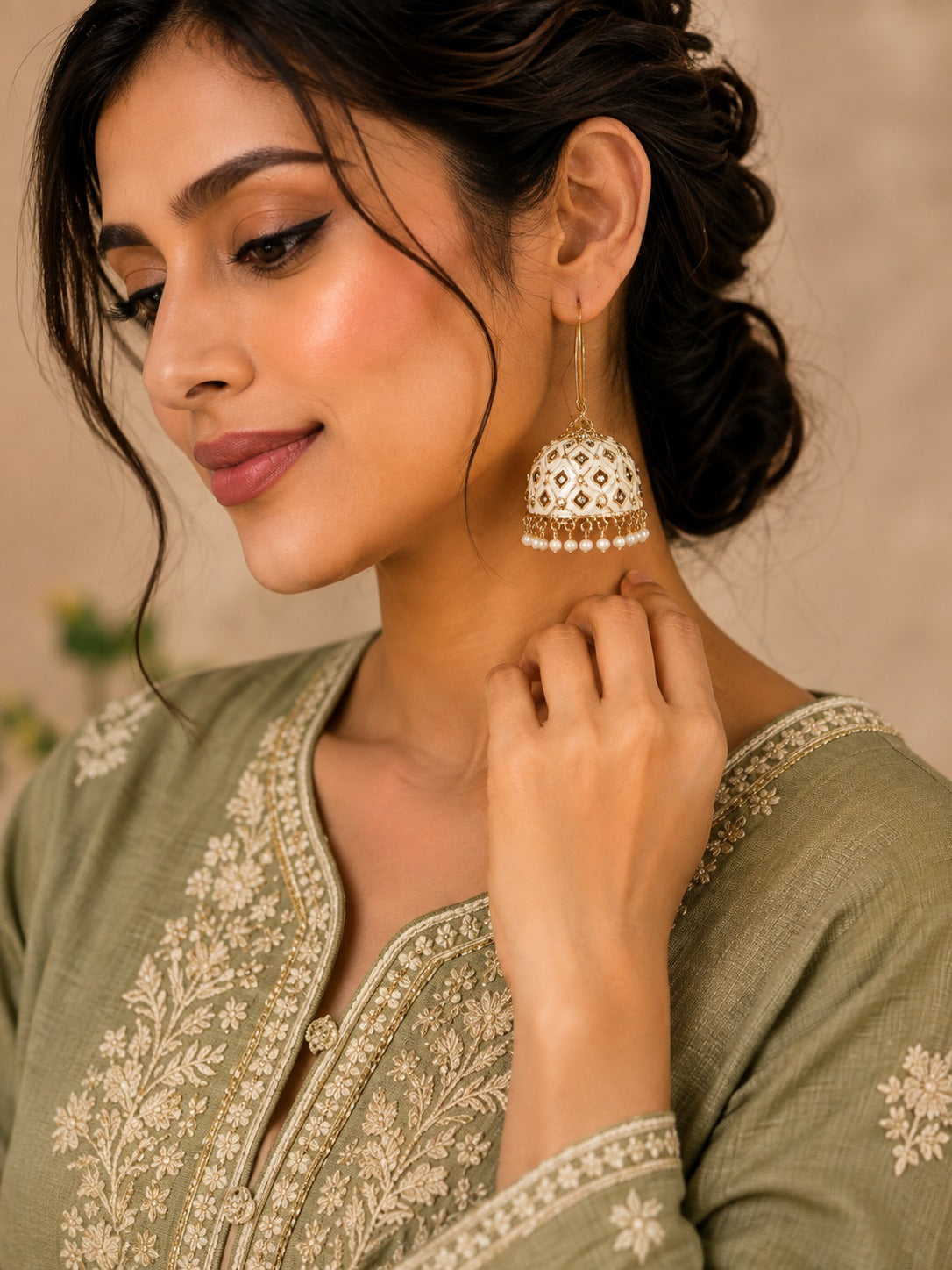 Cream & Gold-Tone Jhumka Earrings with Pearl-Style Drops