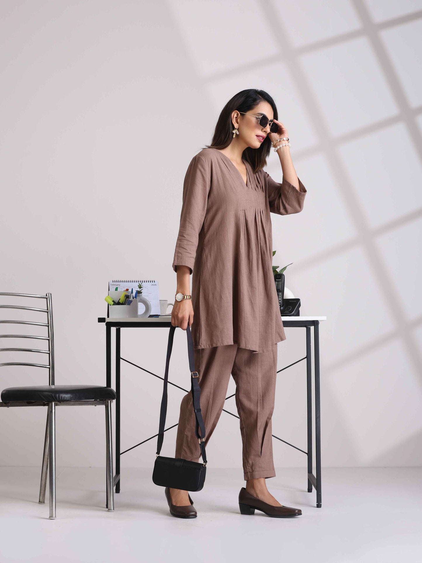 Cotton Linen Burnt Brown Pleated Co-Ord Set