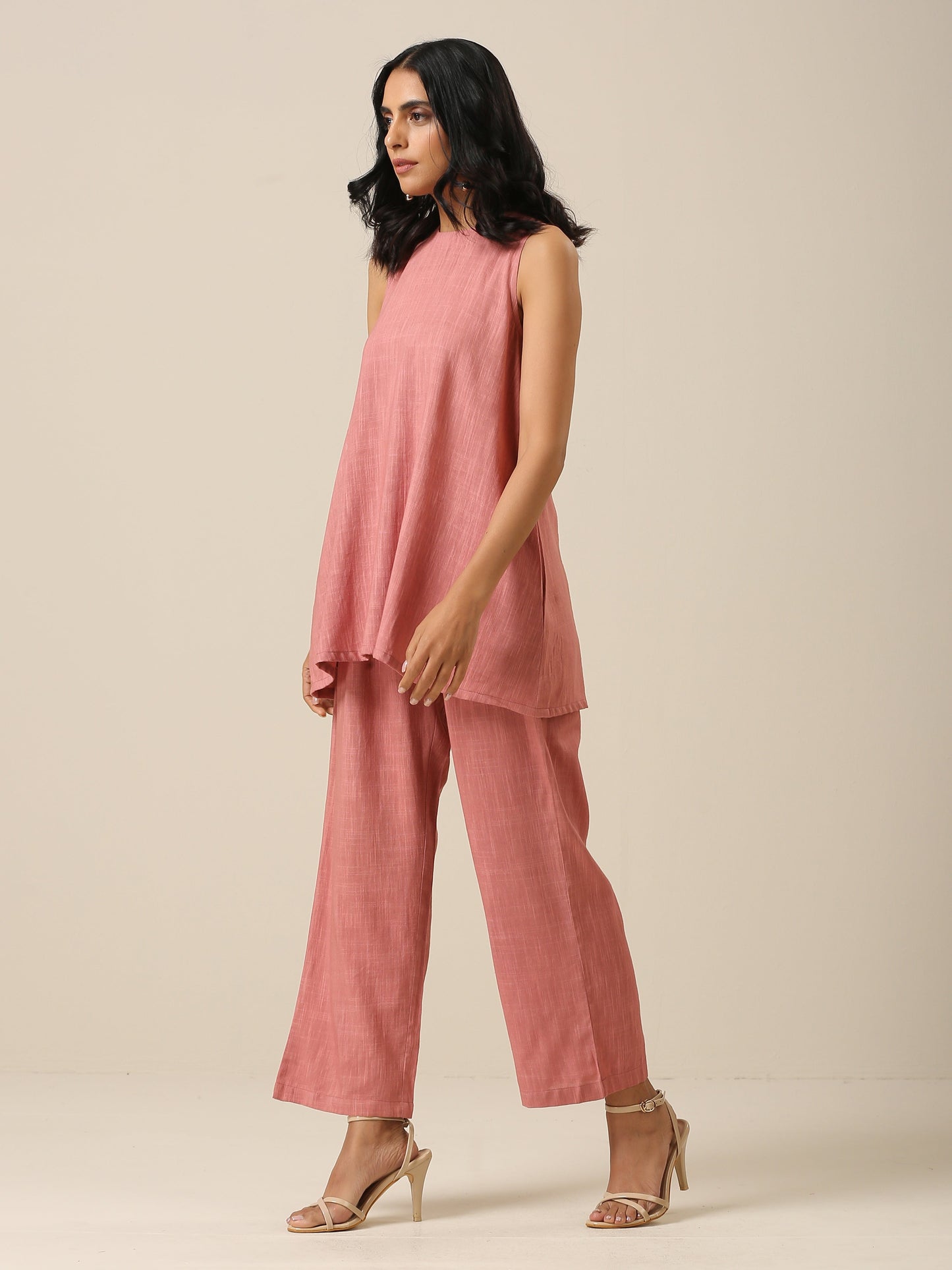 Light Mauve Slub Textured Sleeveless Short Co-Ord Set
