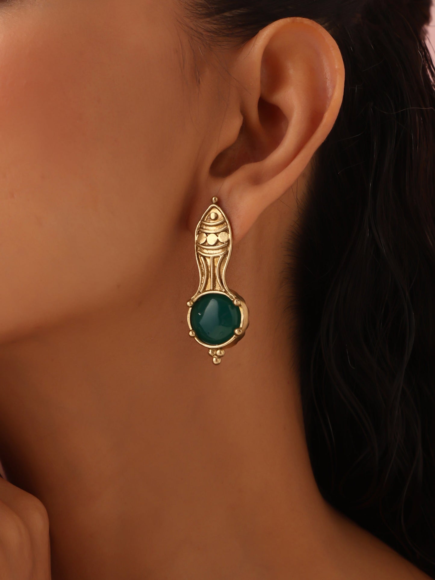 trueBrowns Brass Green Stone Abstract Earrings
