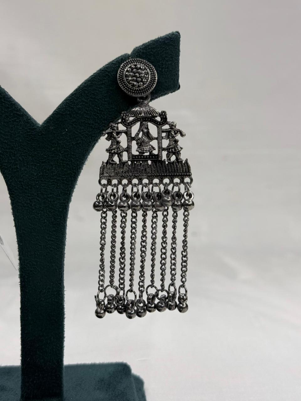 Oxidised Metal Tribal Temple Hanging Earrings with Chain Tassels