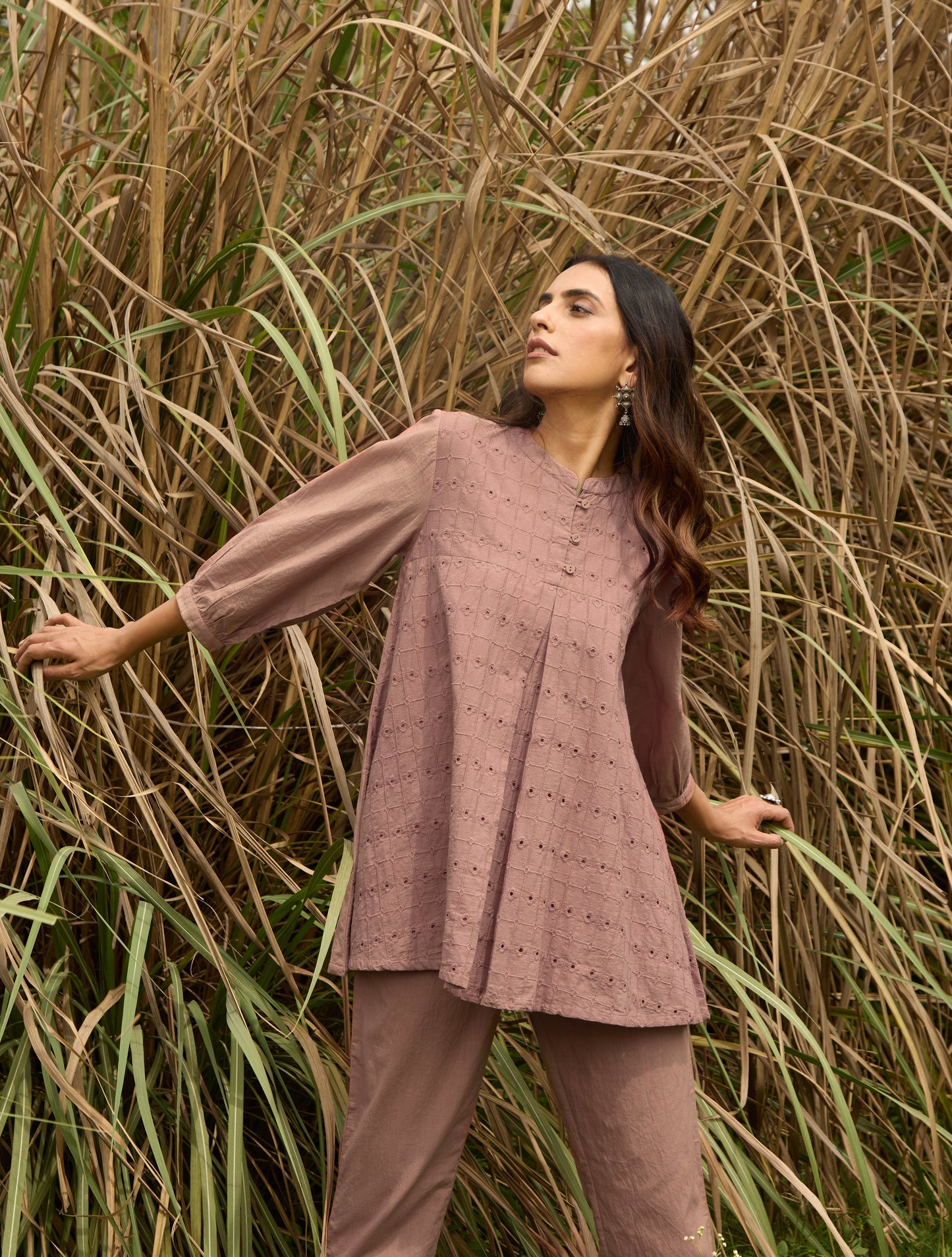 trueBrowns Pink Cotton Cutwork Embroidered Co-ord Set