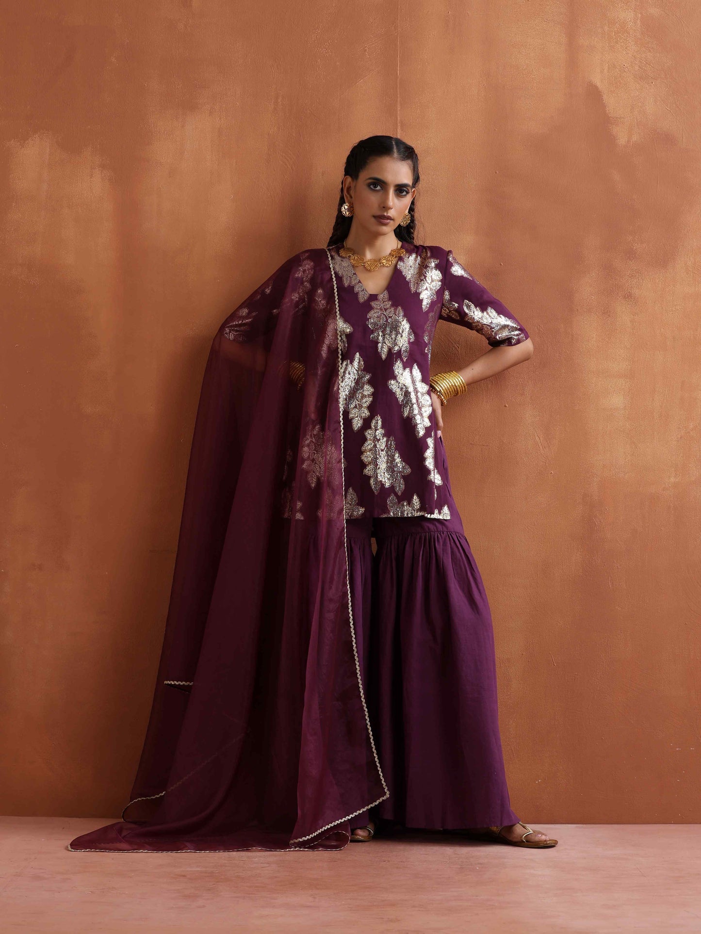 trueBrowns Purple Metallic Sharara Dupatta Set