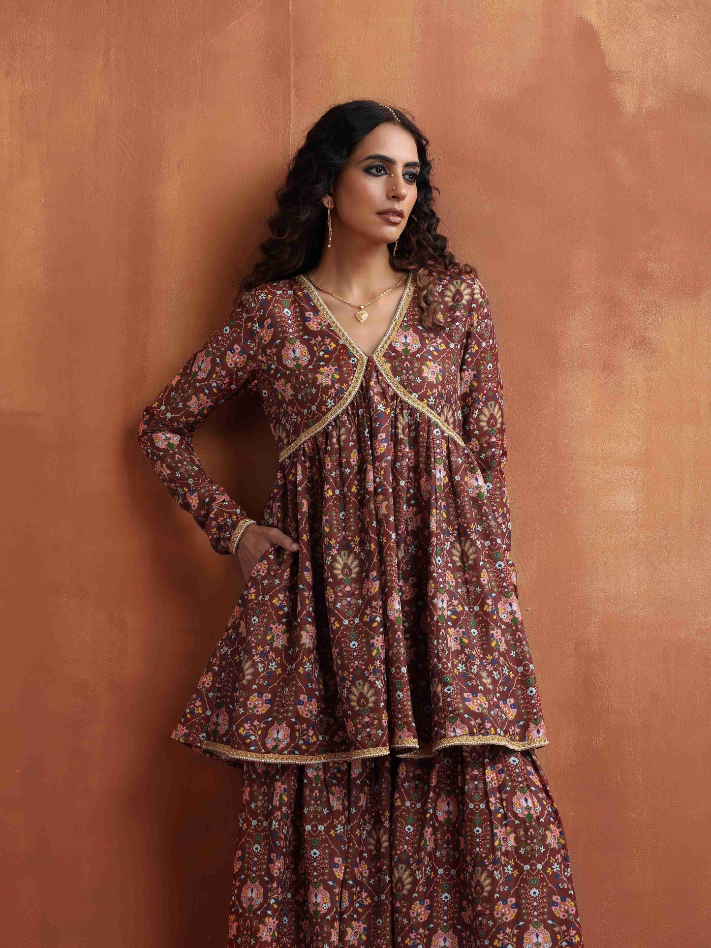 trueBrowns Brown Print Sharara Set LP- 48Hr Delivery