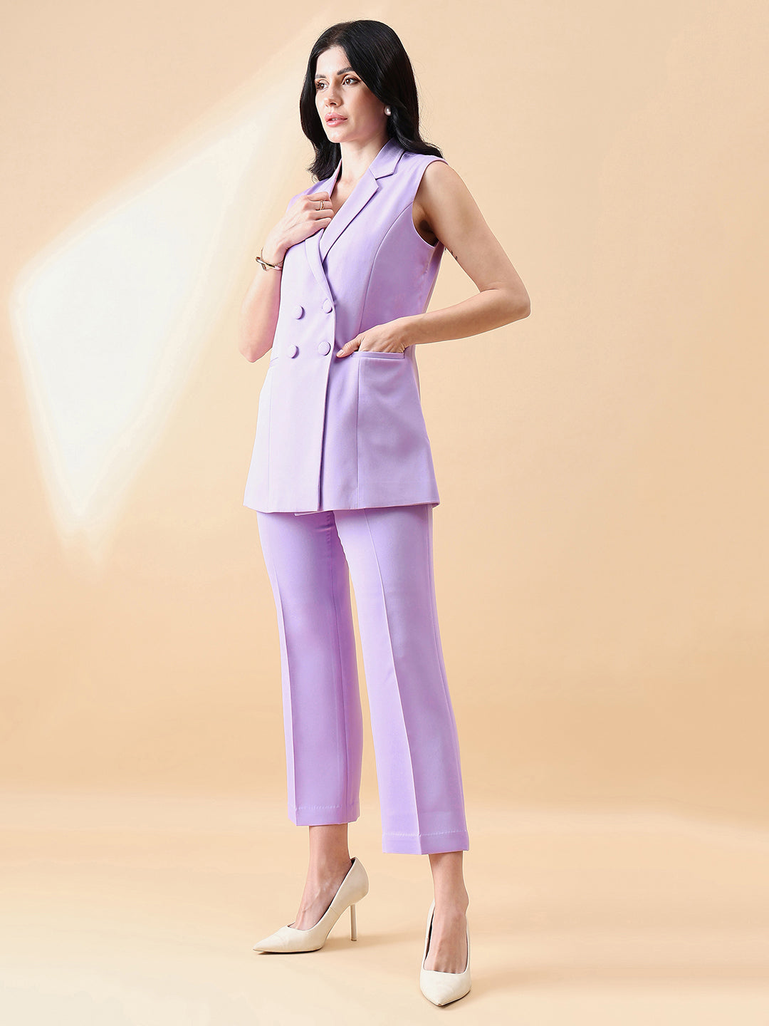 PowerSutra Cut- Sleeve Notch Collar Stretch Pant Suit- Lavender