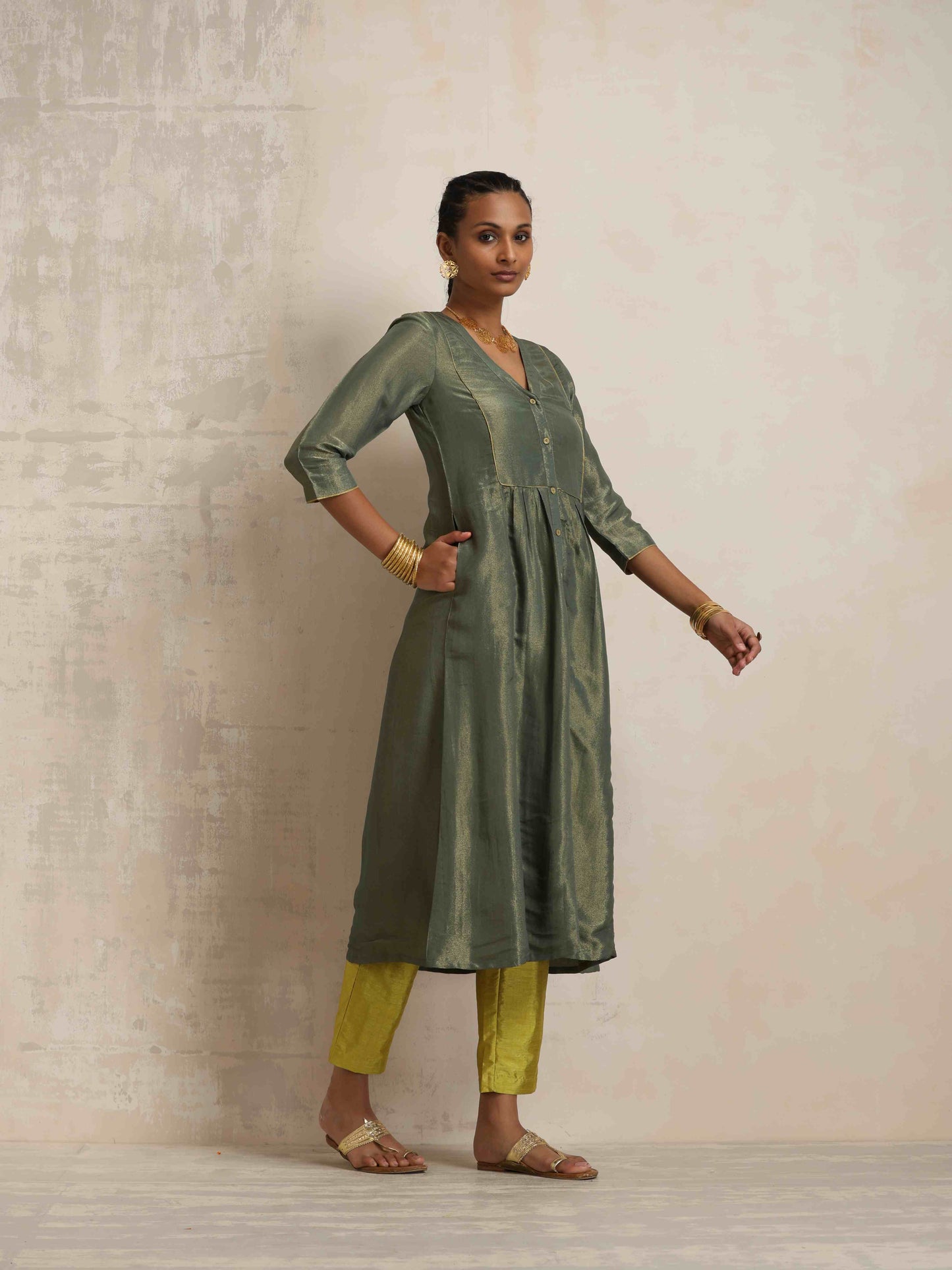 trueBrowns Green Tissue A-line Kurta Set