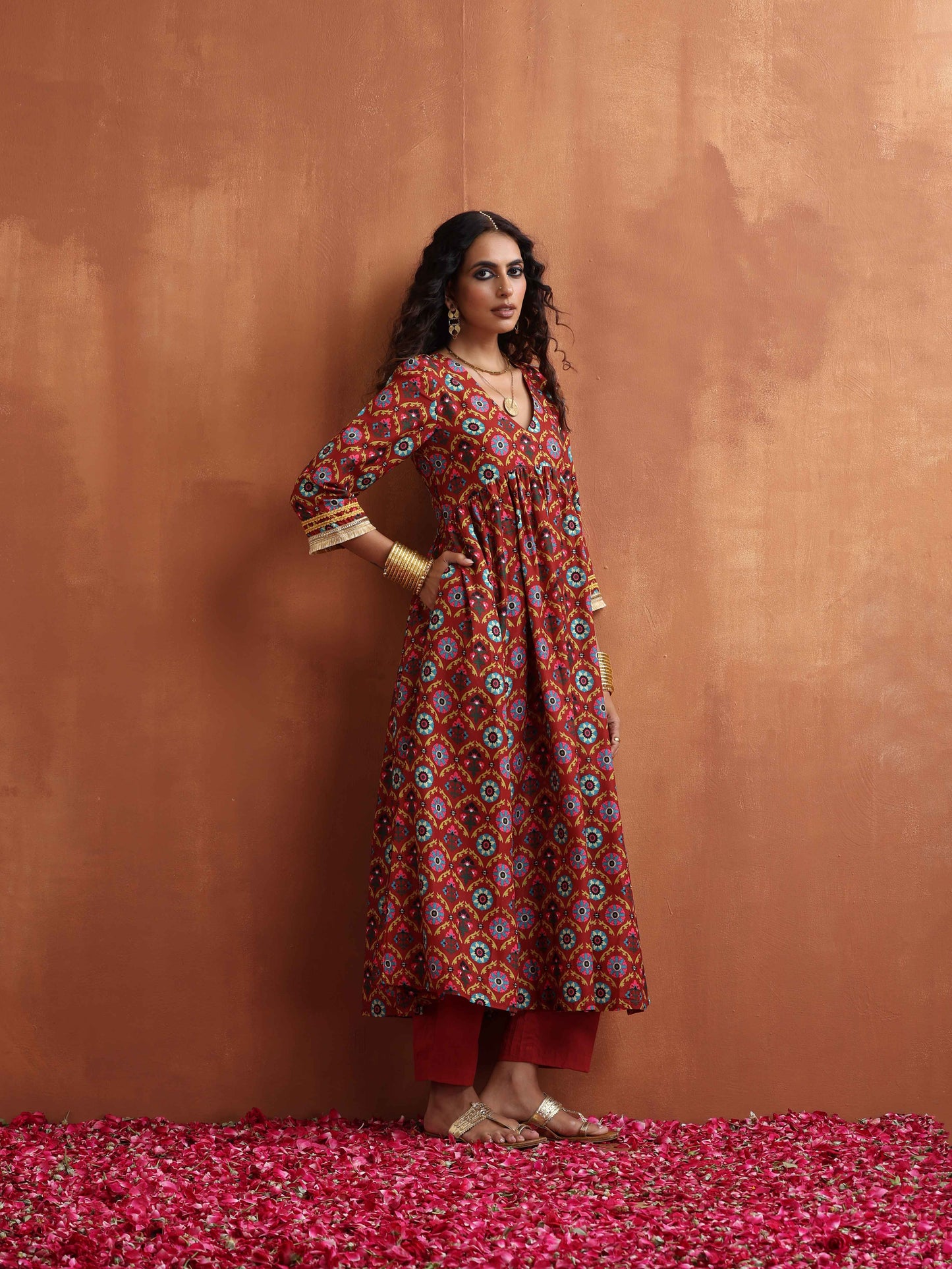 trueBrowns Maroon Print Flared Anarkali Kurta Set