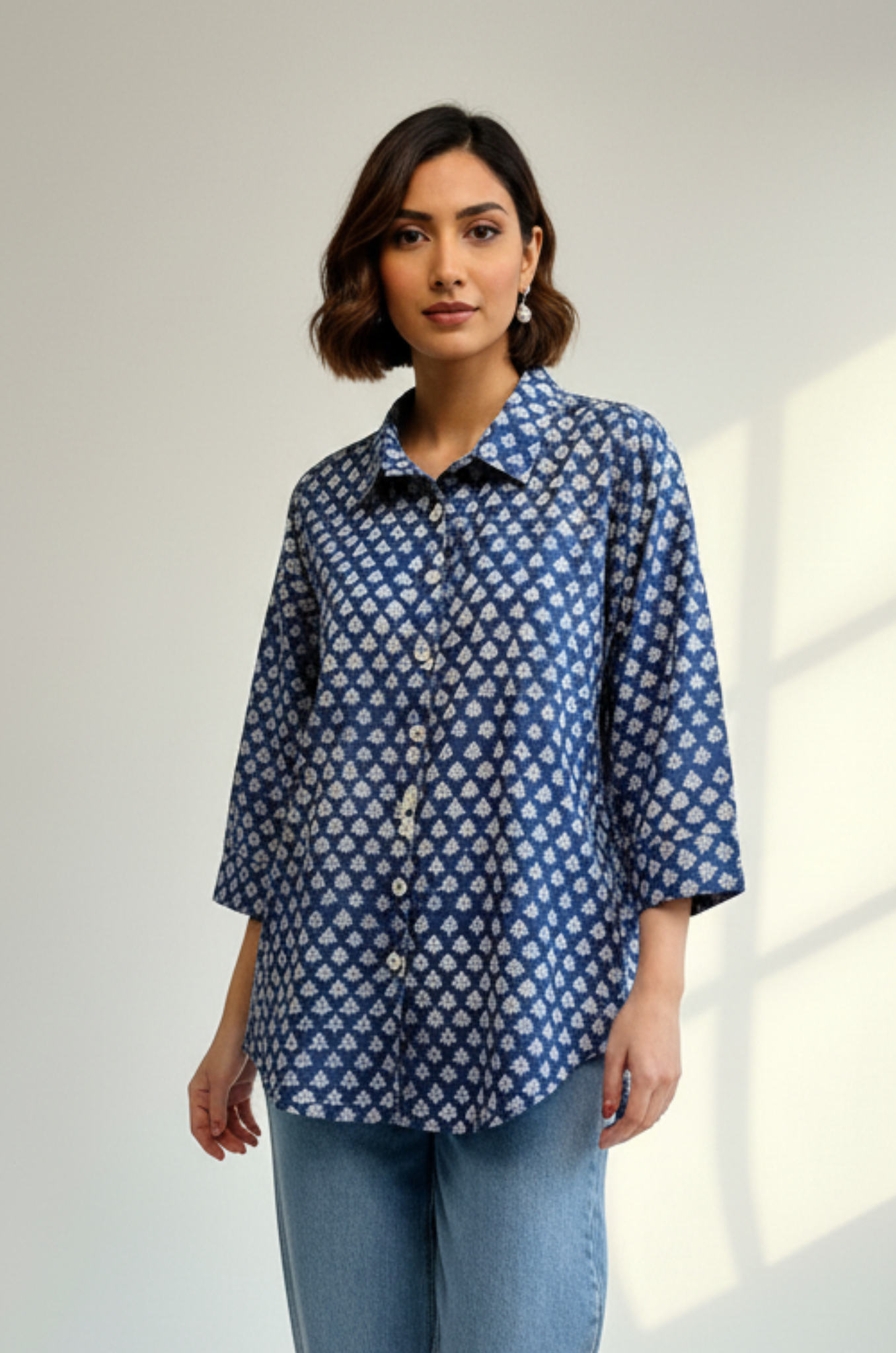 Maati Blue Meadow Handblock Printed Everyday Cotton Shirt