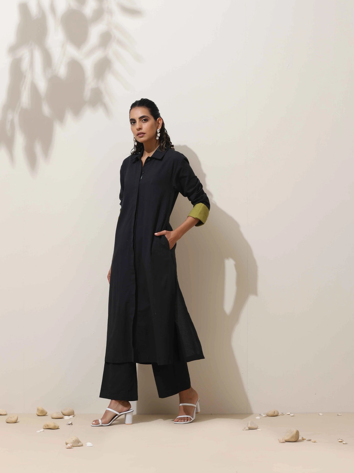 trueBrowns Black Cotton Linen Kurta Pant Set