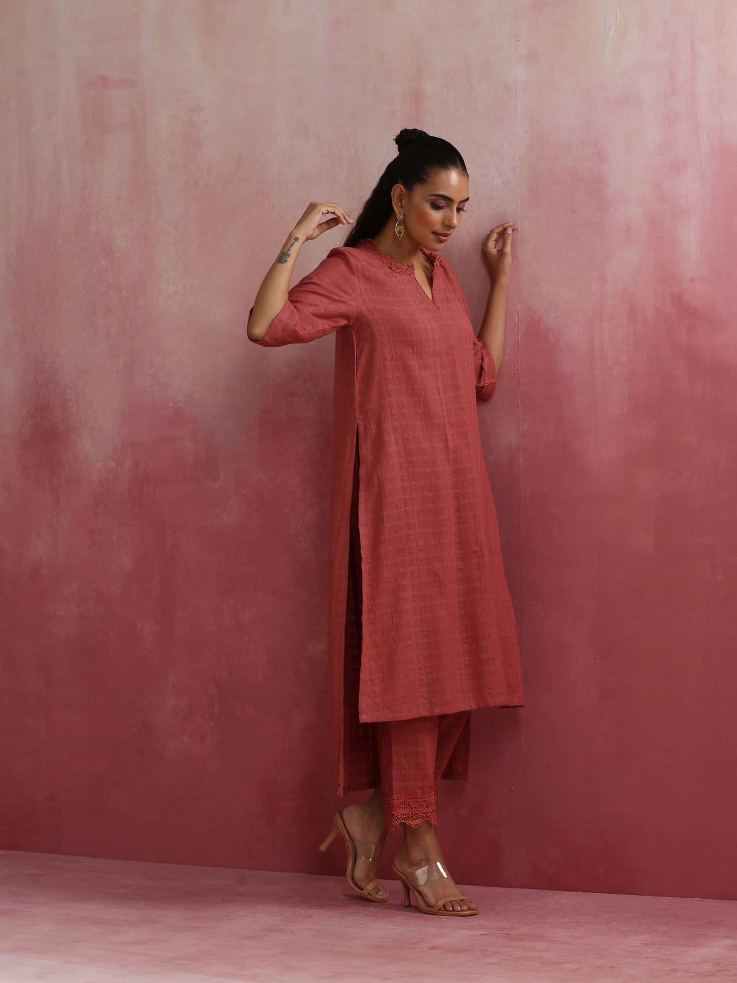 trueBrowns Peach High low Cotton Dobby Kurta Set