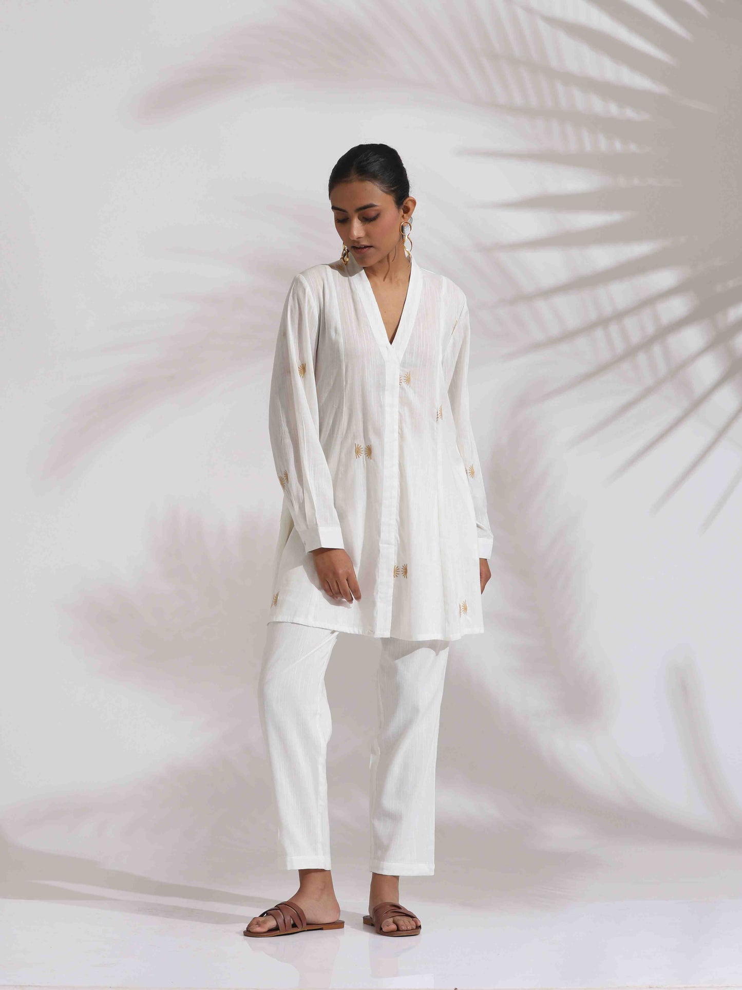 trueBrowns Off-White Cotton Embroidered A-line Co-ord Set