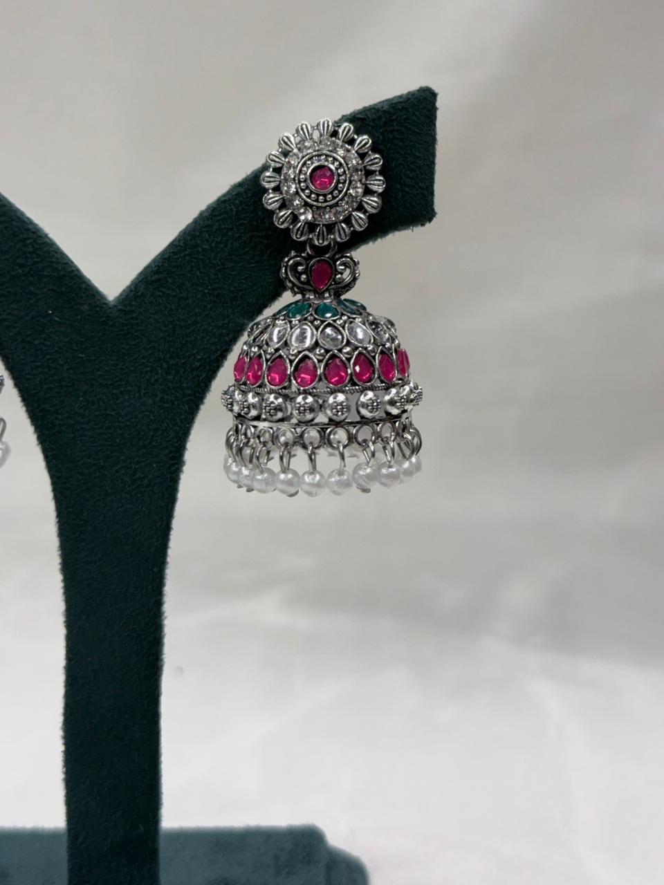 Oxidised Silver Polki & Pink Stone Jhumka Earrings