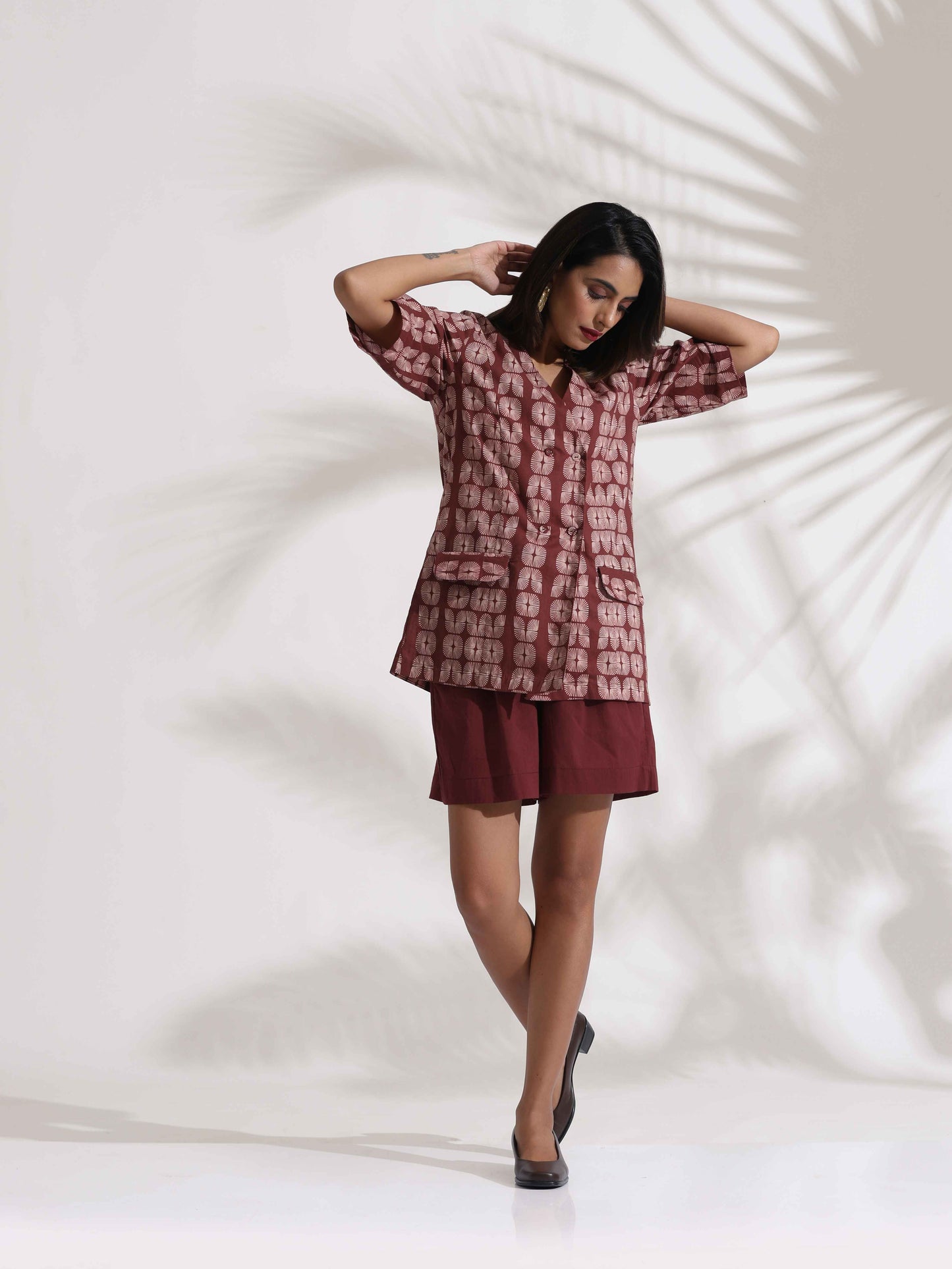 trueBrowns Brown Cotton Print Jacket Top & Short Co-ord Set