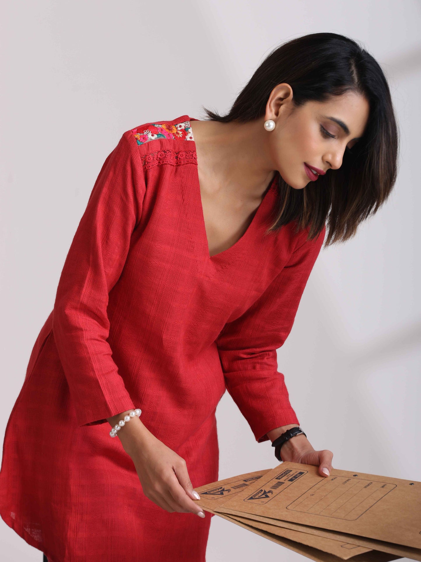 trueBrowns Red Cotton Dobby Kurta Co-ord set