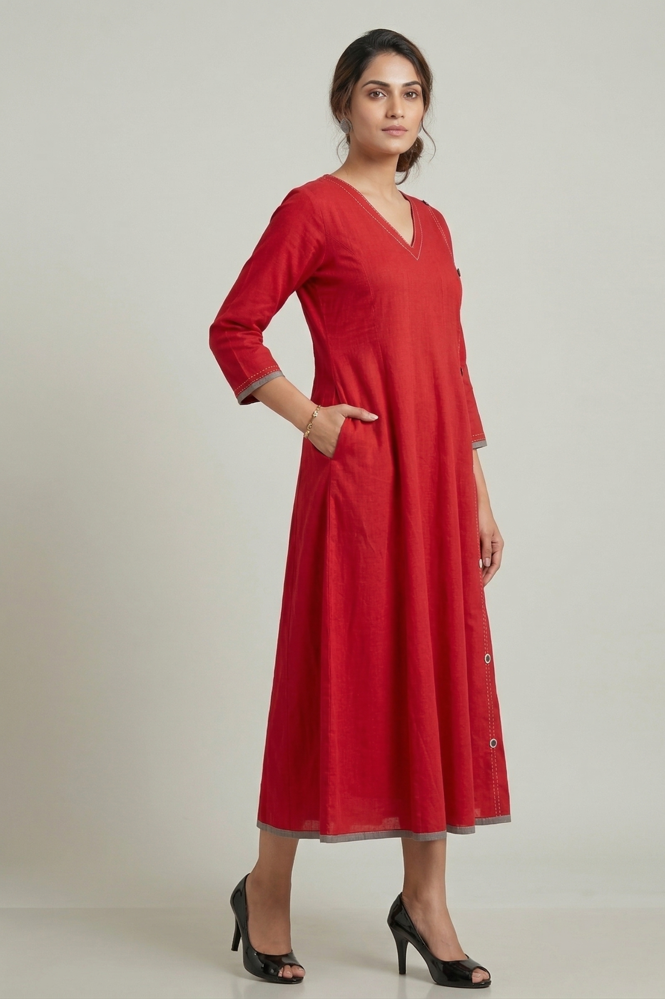 Cayenne Red Essence Cotton Long Maxi Dress With Sleeves Mc