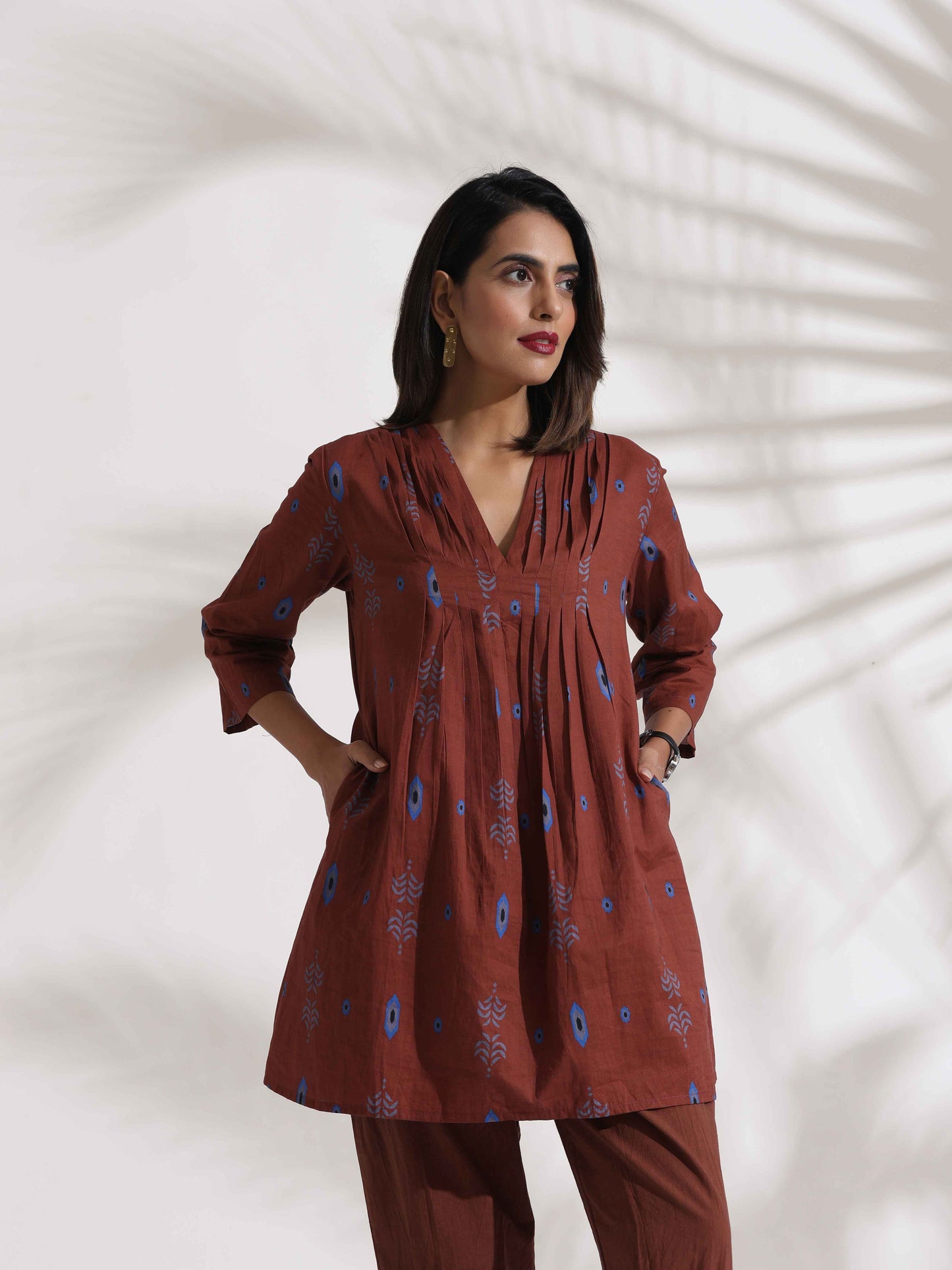 trueBrowns Brown Cotton Print Pleated Top & Pants Co-ord Set