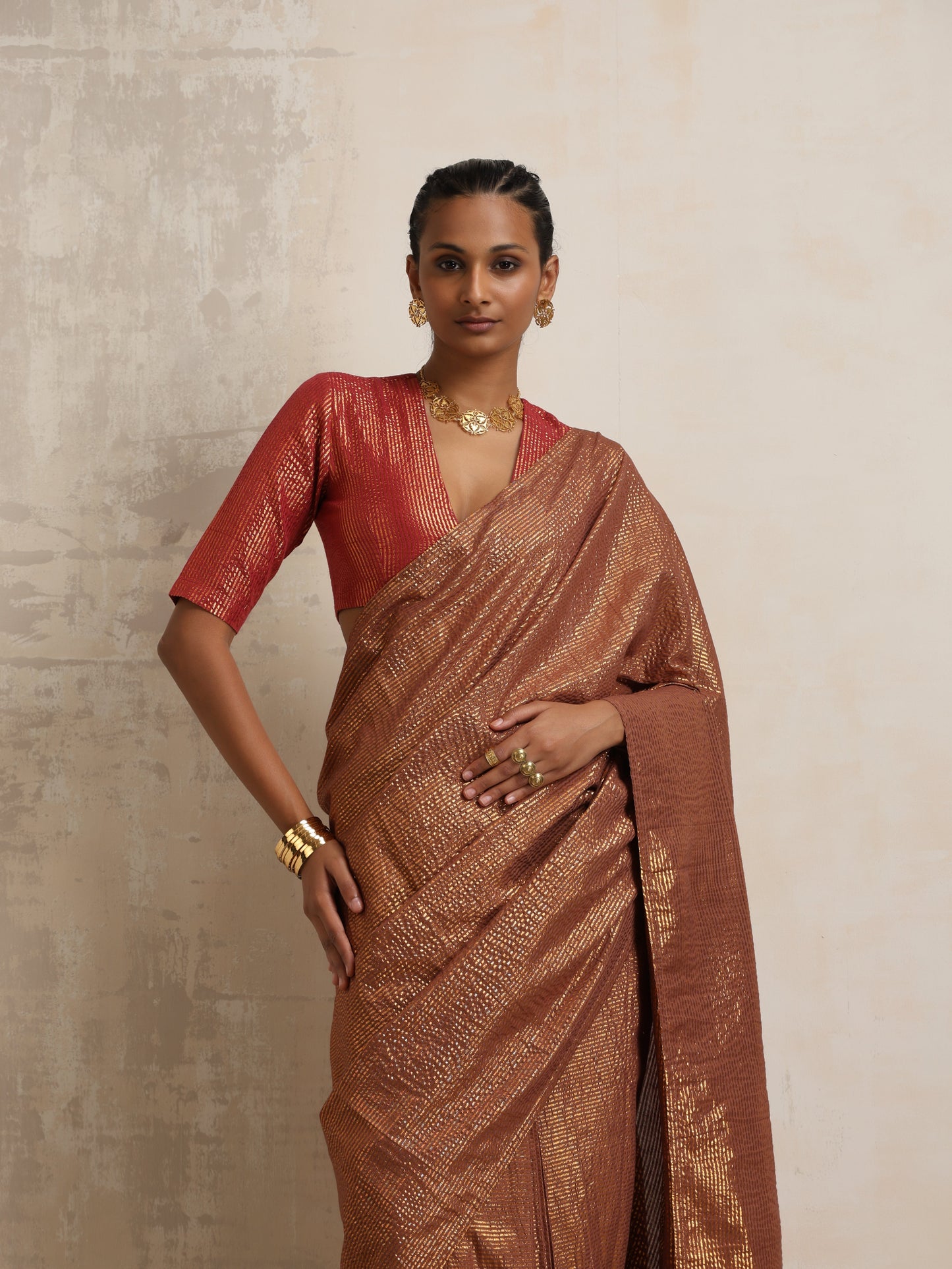 trueBrowns Brown Gold Metallic Ready To Wear Saree