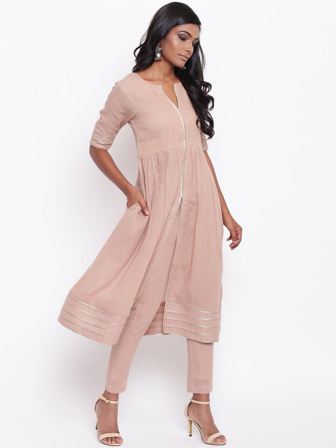 Pure Cotton Beige Gota Slit Kurta Set - trueBrowns
