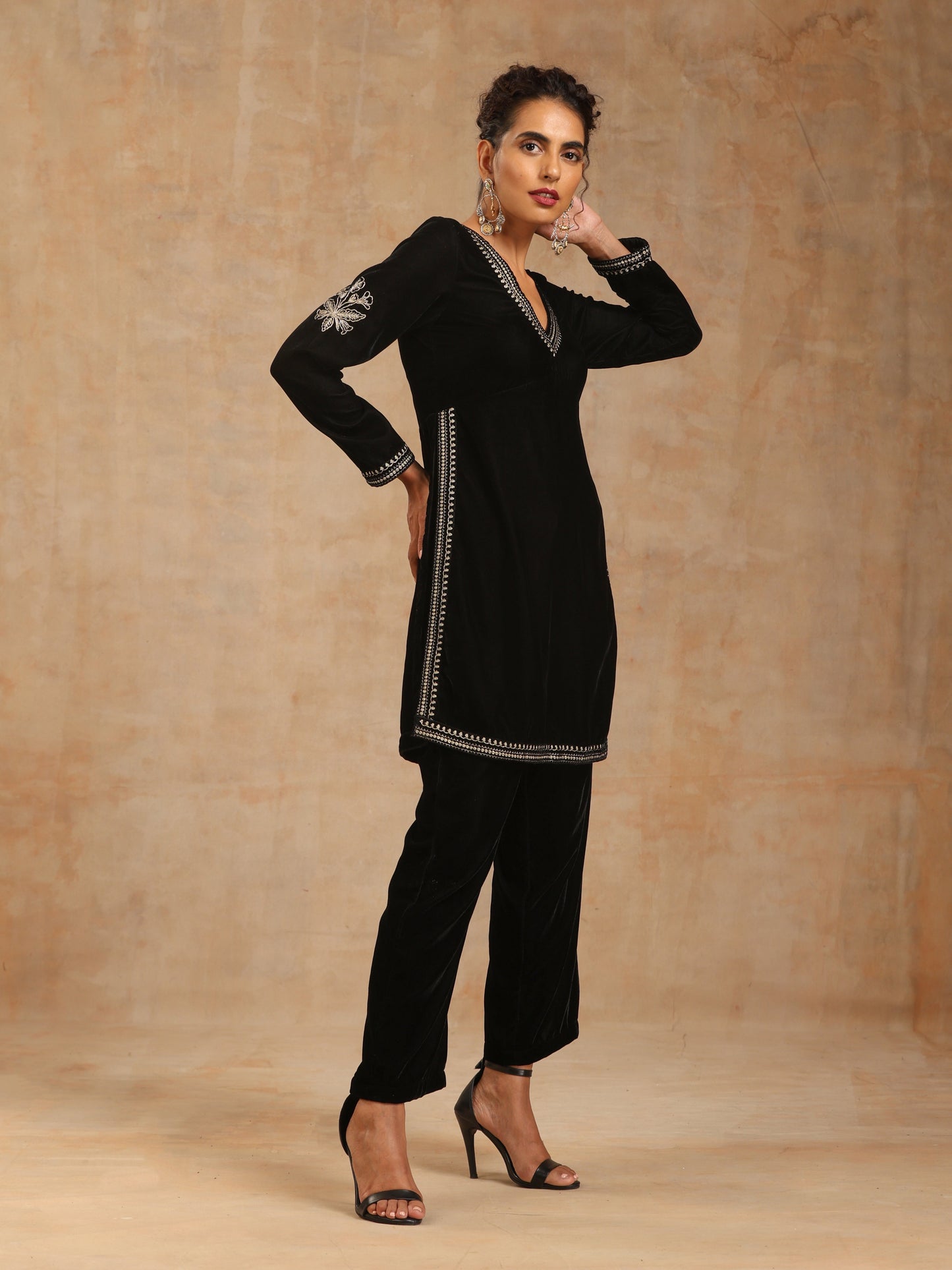 trueBrowns Black Velvet Embroidered Co-ord Set
