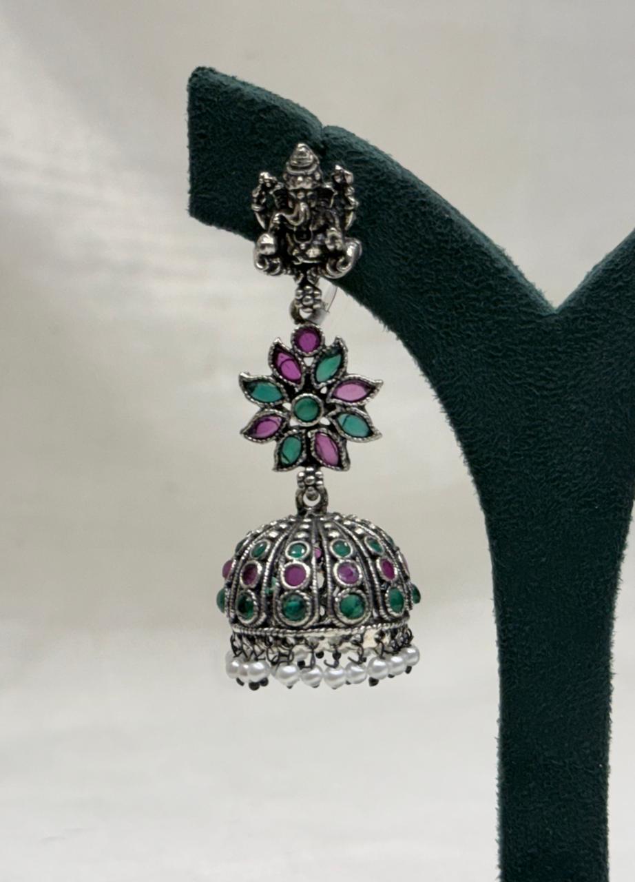 Oxidized Silver Floral Jhumka Earrings with Turquoise & Pink Stones LP- 48Hr Delivery