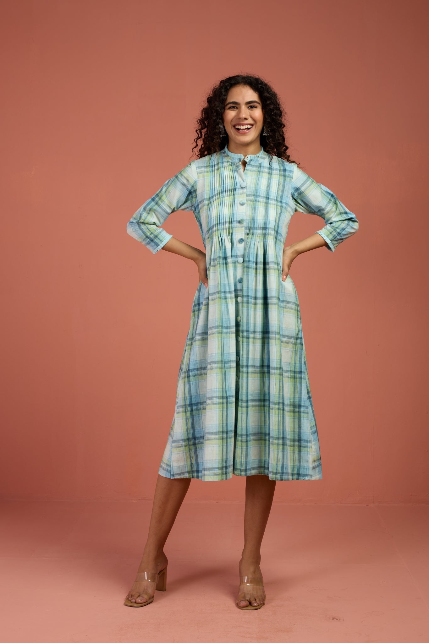 Maati Craft Tide & Twilight Madras Checks Pleated Pintuck Button Down Dress