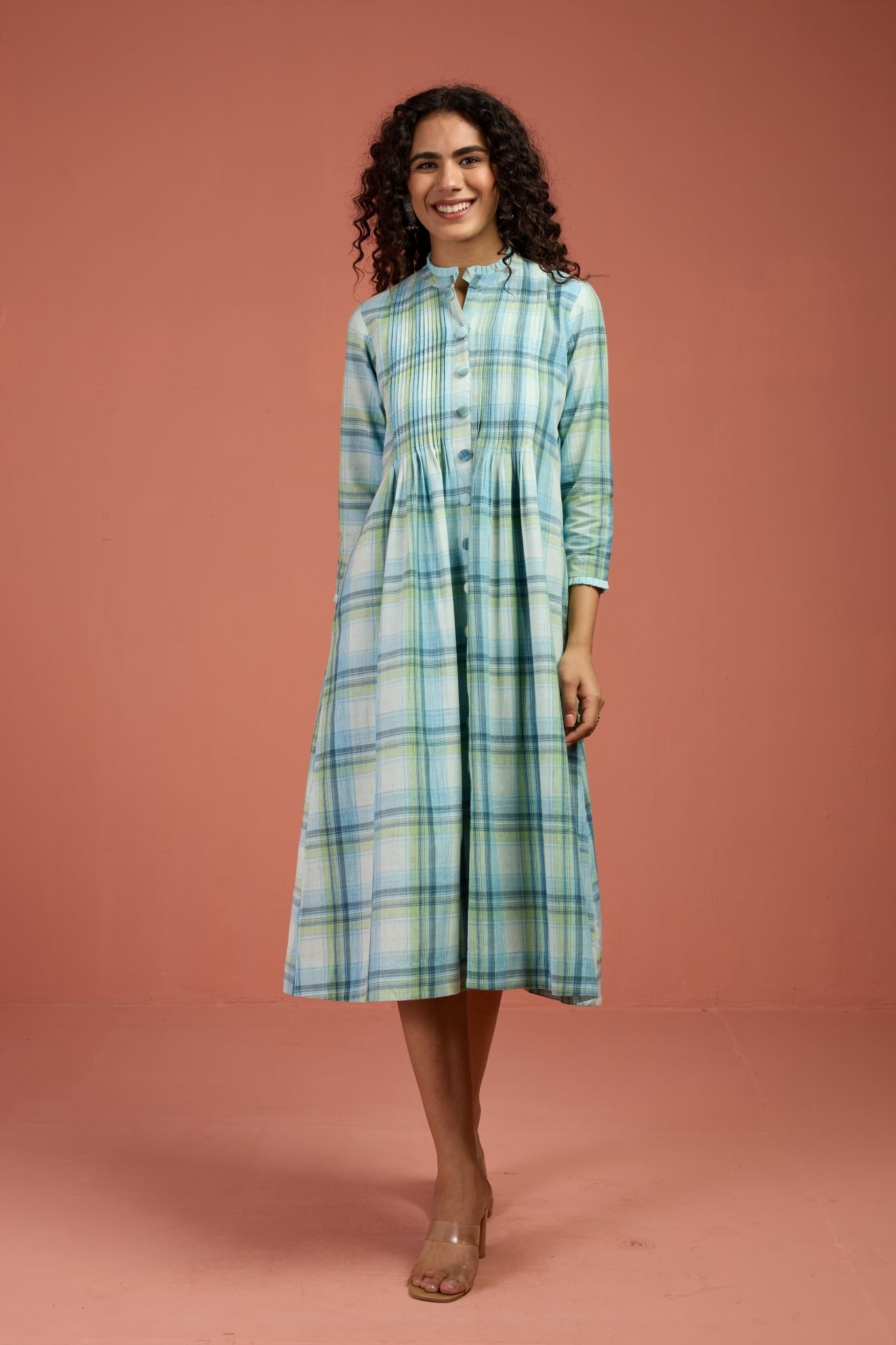 Maati Craft Tide & Twilight Madras Checks Pleated Pintuck Button Down Dress