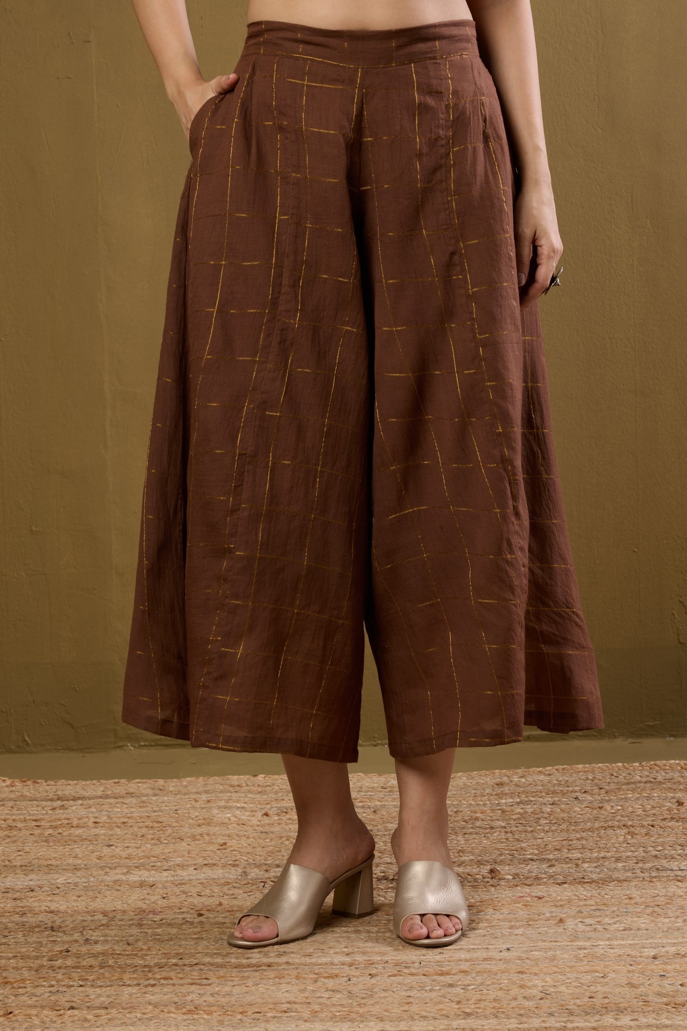 Maati Craft Box Pleated Culotte - Brown Gold Checks