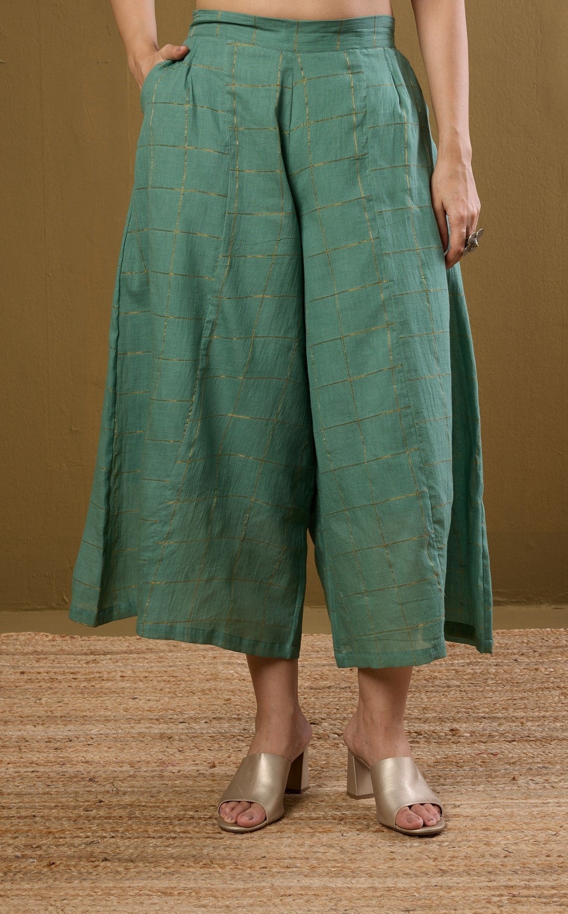 Maati Craft Box Pleated Culotte - Frosted Green Gold Checks
